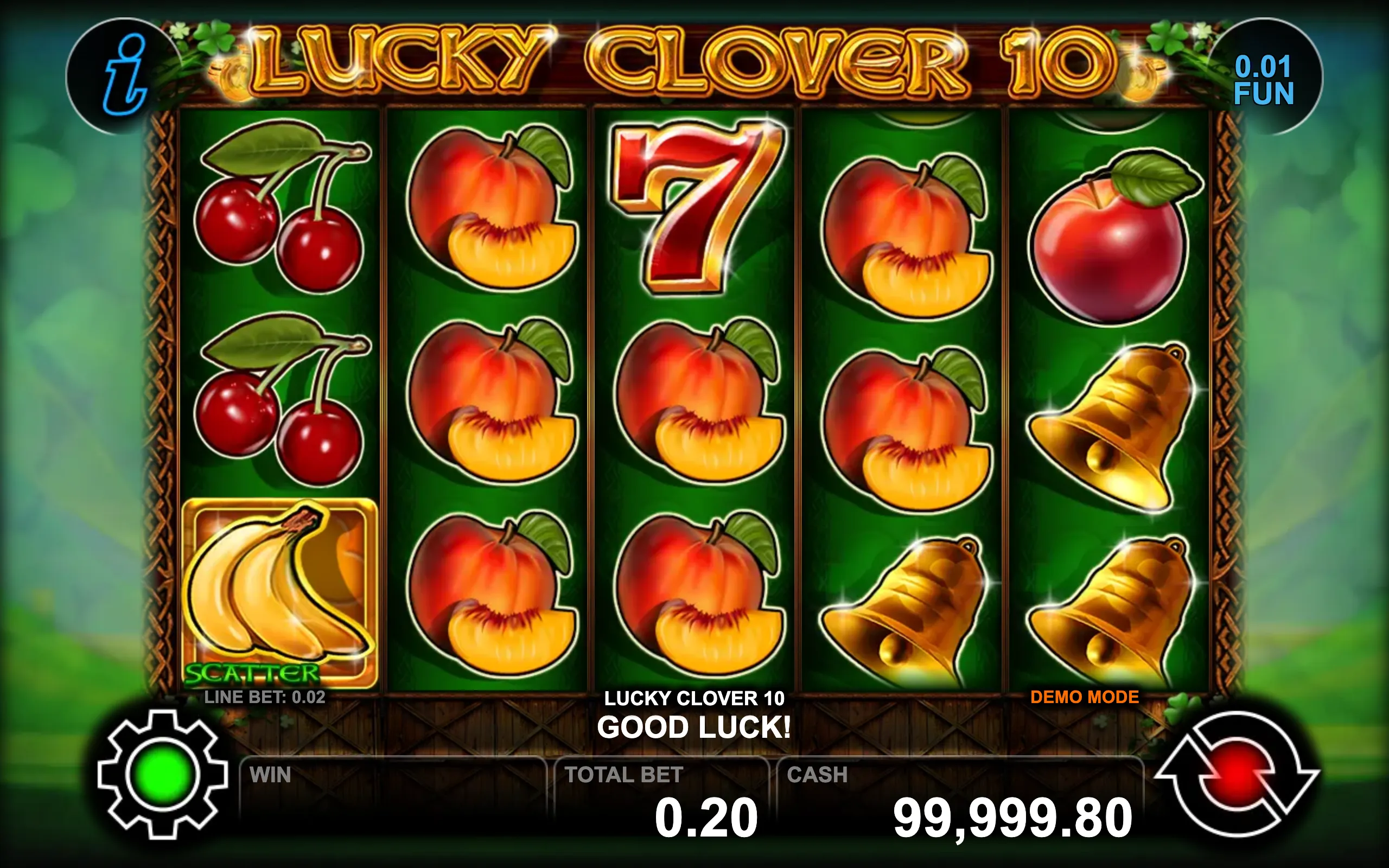 Lucky Clover 10 slot game preview featuring vibrant fruit symbols, golden bells, and a lucky clover motif on a green background.