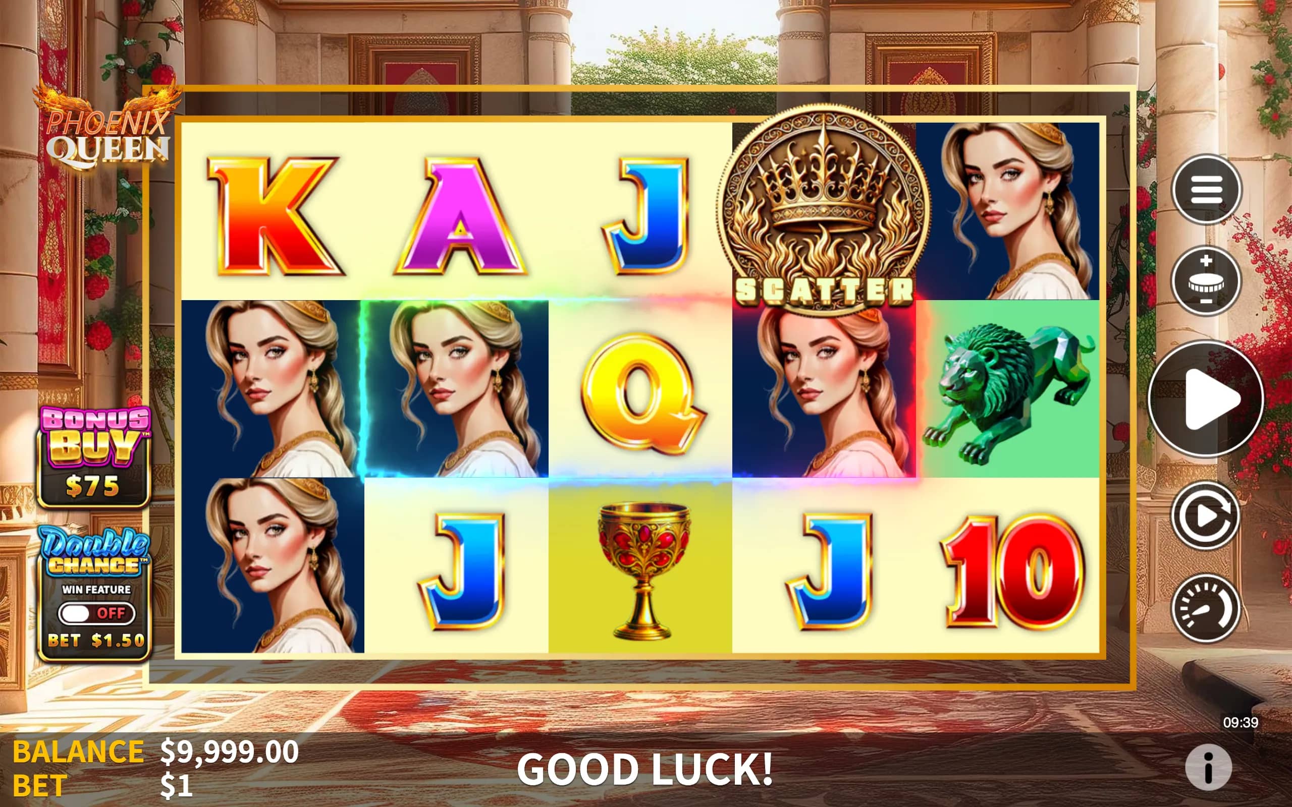 Phoenix Queen slot game interface featuring a regal queen symbol, a golden scatter emblem with a crown and flames, and classic card symbols set against a palace backdrop.