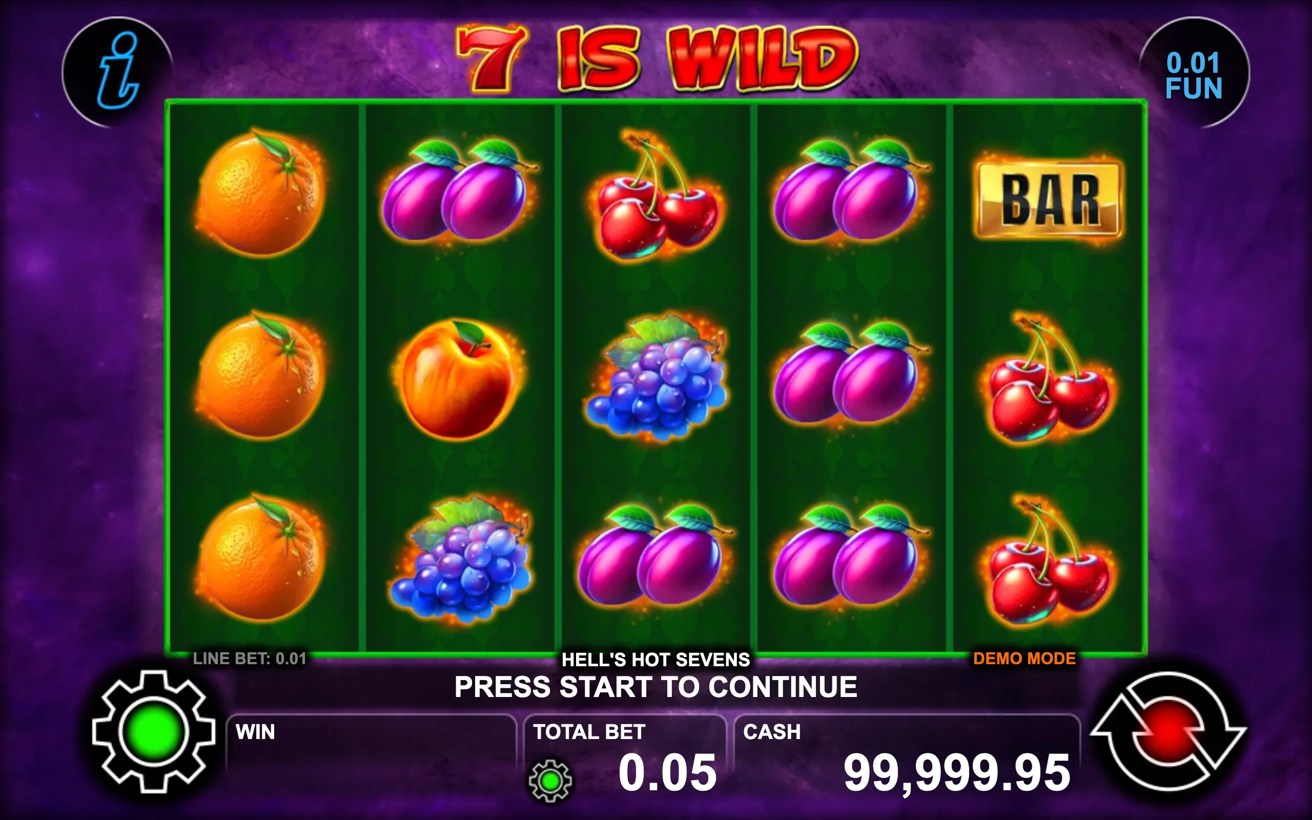 Hell's Hot 7's slot game preview featuring glowing fruit symbols and a fiery wild 7