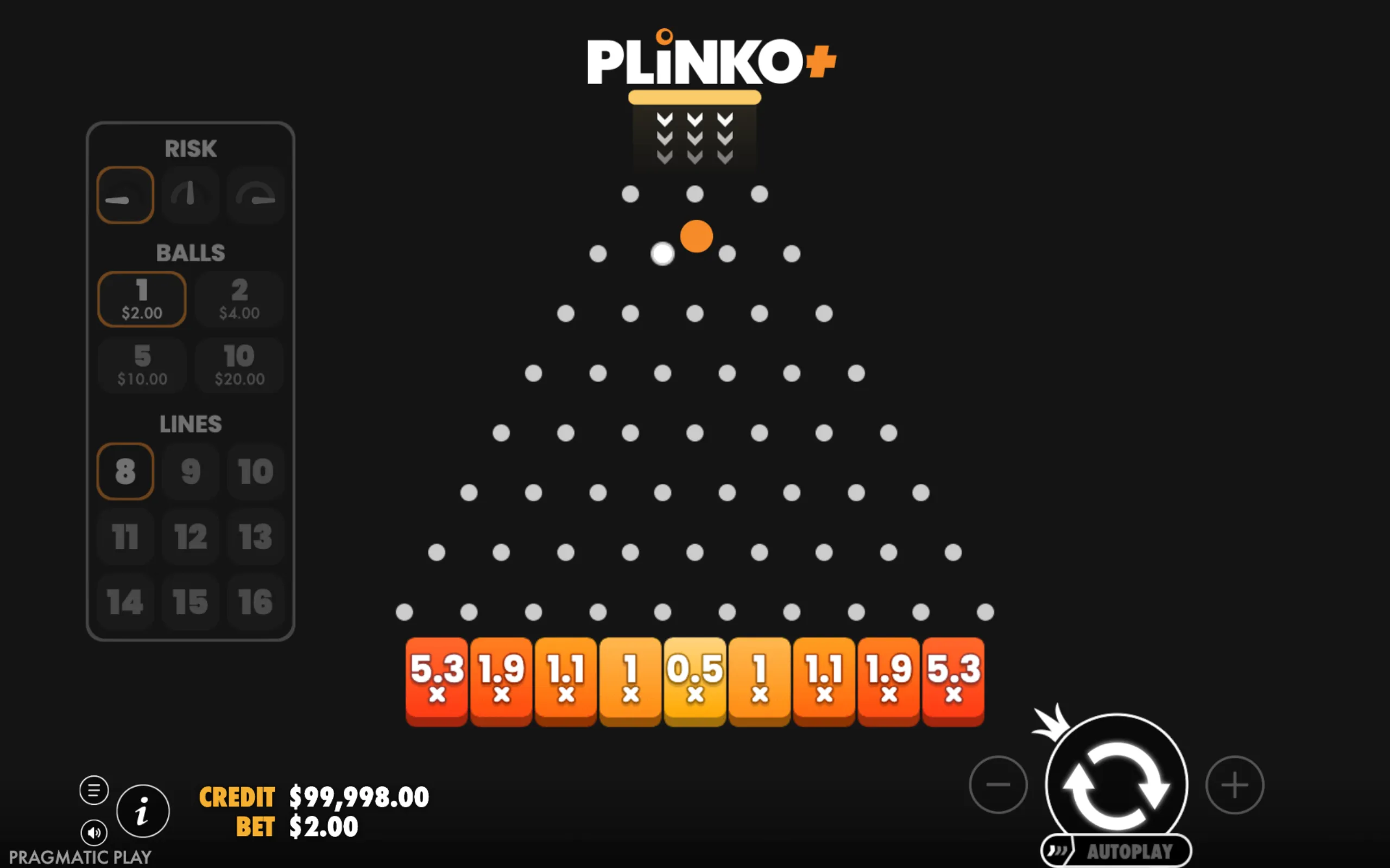 Plinko+ slot game interface featuring a triangular pegboard with descending balls and payout multipliers at the bottom, alongside risk, balls, and lines selection options.