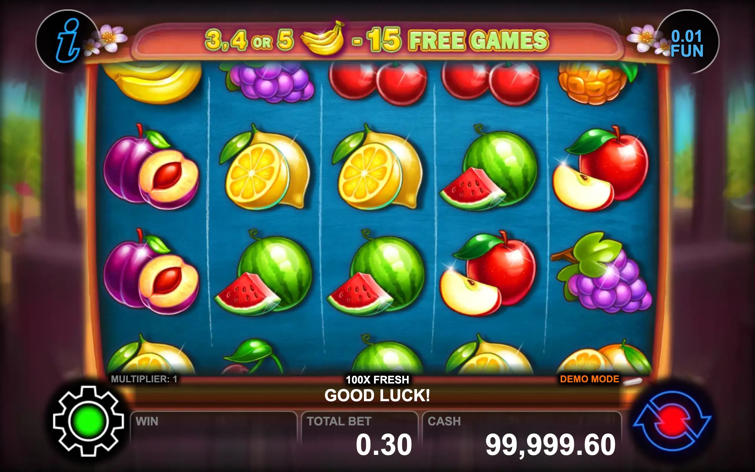 Colorful fruit-themed slot game screen with vibrant symbols and a free games bonus offer