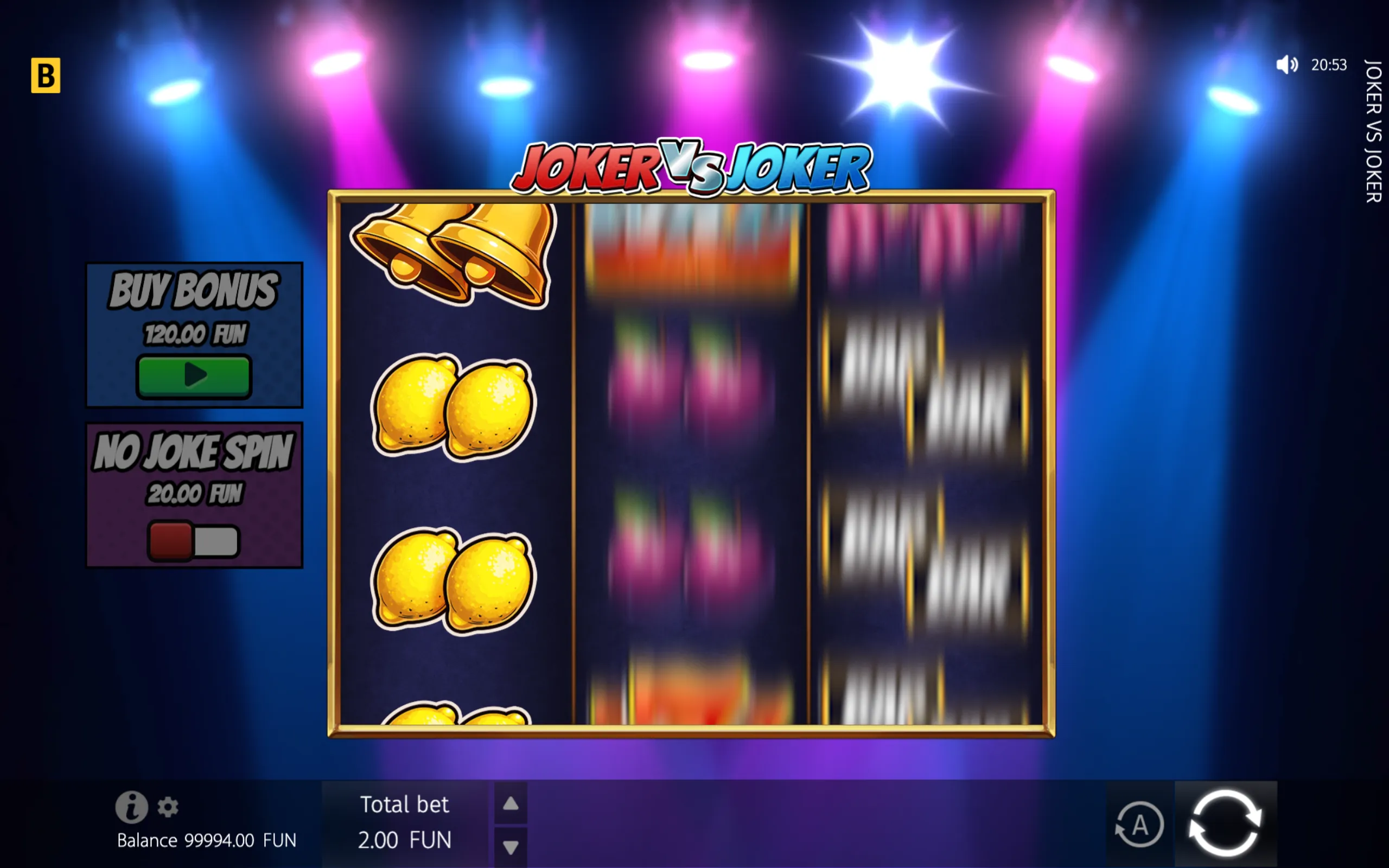 Joker vs Joker slot interface with spinning reels, golden bells, lemons, neon blue and pink lighting, and Buy Bonus and No Joke Spin panels.