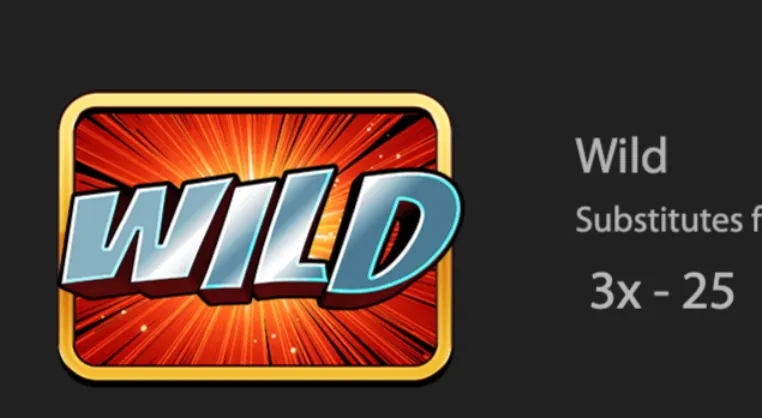 A metallic WILD slot symbol appears over a fiery red-orange burst, beside text identifying its substitution function and a visible 3x–25 range.