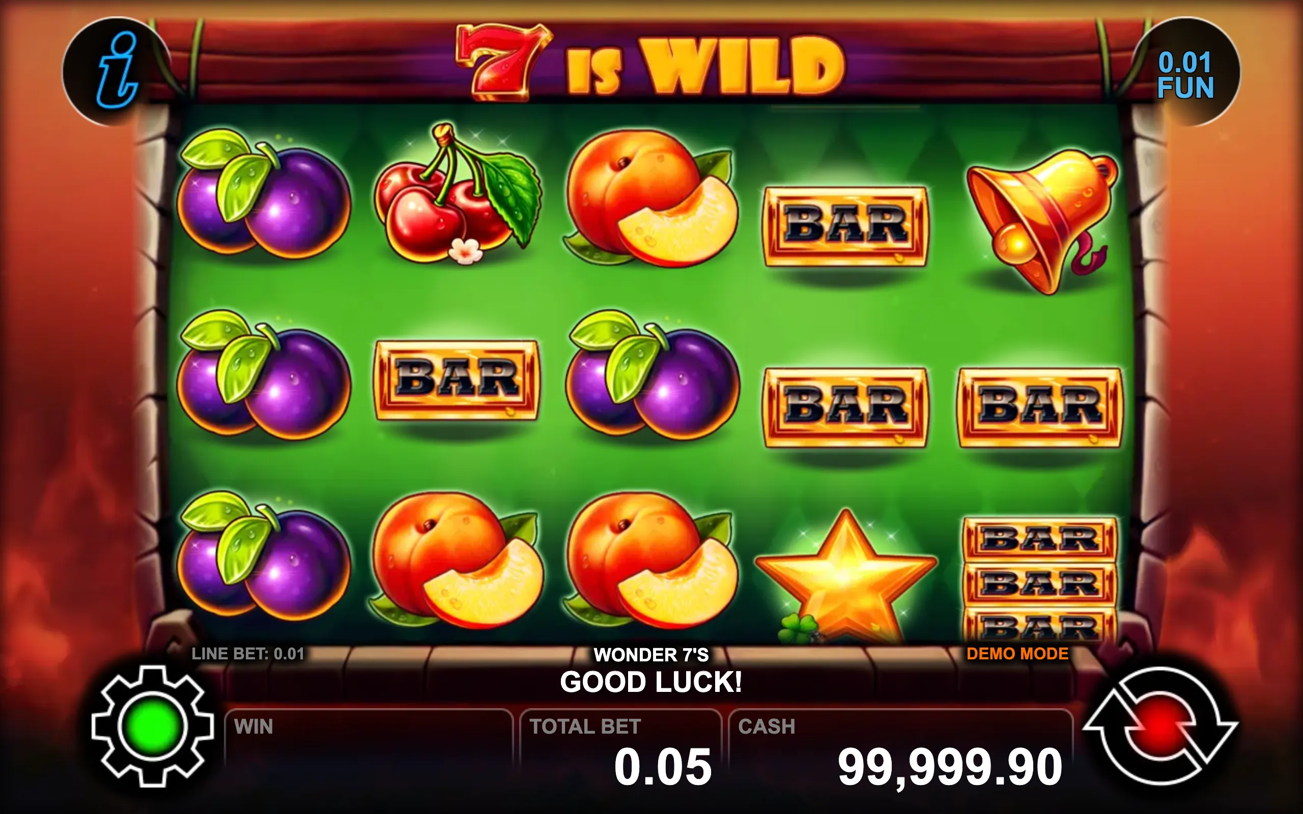 Wonder 7's slot game preview featuring classic fruit symbols, BAR icons, and a golden bell on a green background.