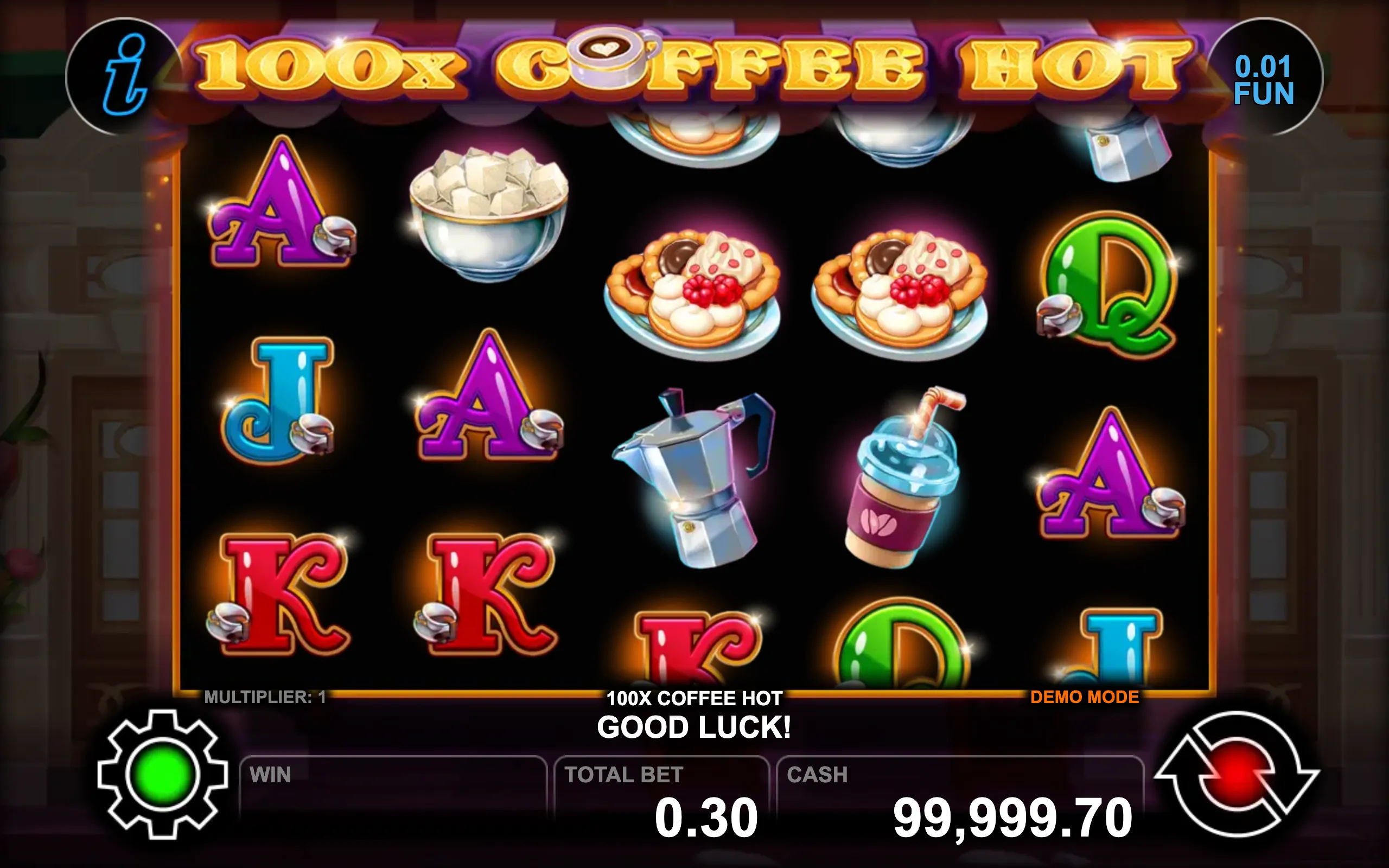 100x Coffee Hot slot game preview featuring coffee-themed symbols and colorful playing card icons on a dark background
