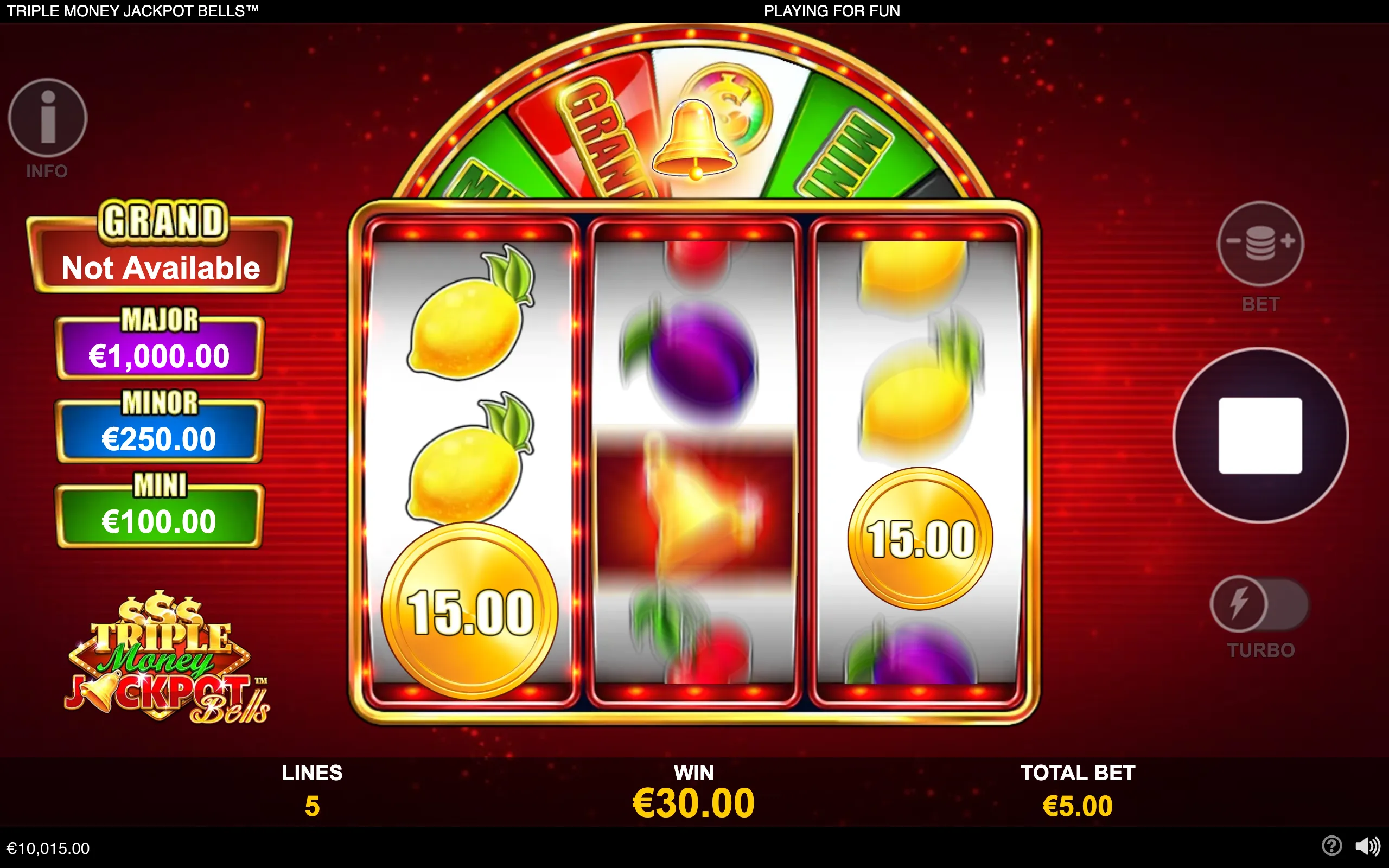 Triple Money Jackpot Bells slot interface with three fruit reels, gold €15.00 coin symbols, jackpot meters, and a €30.00 win display against a red casino backdrop.