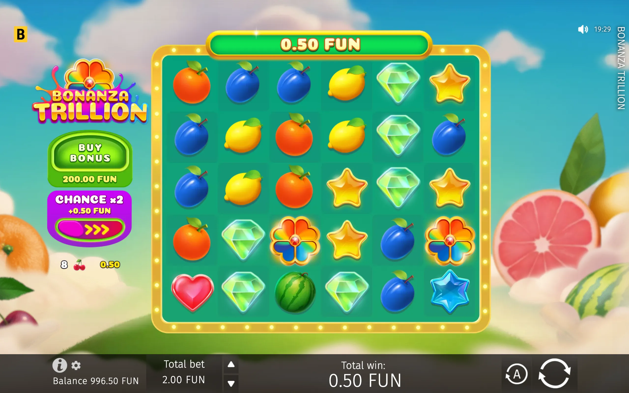 Bonanza Trillion slot interface with a colorful fruit, gem, star, heart, and clover reel grid, plus a Buy Bonus panel against a sunny fruit-themed backdrop.
