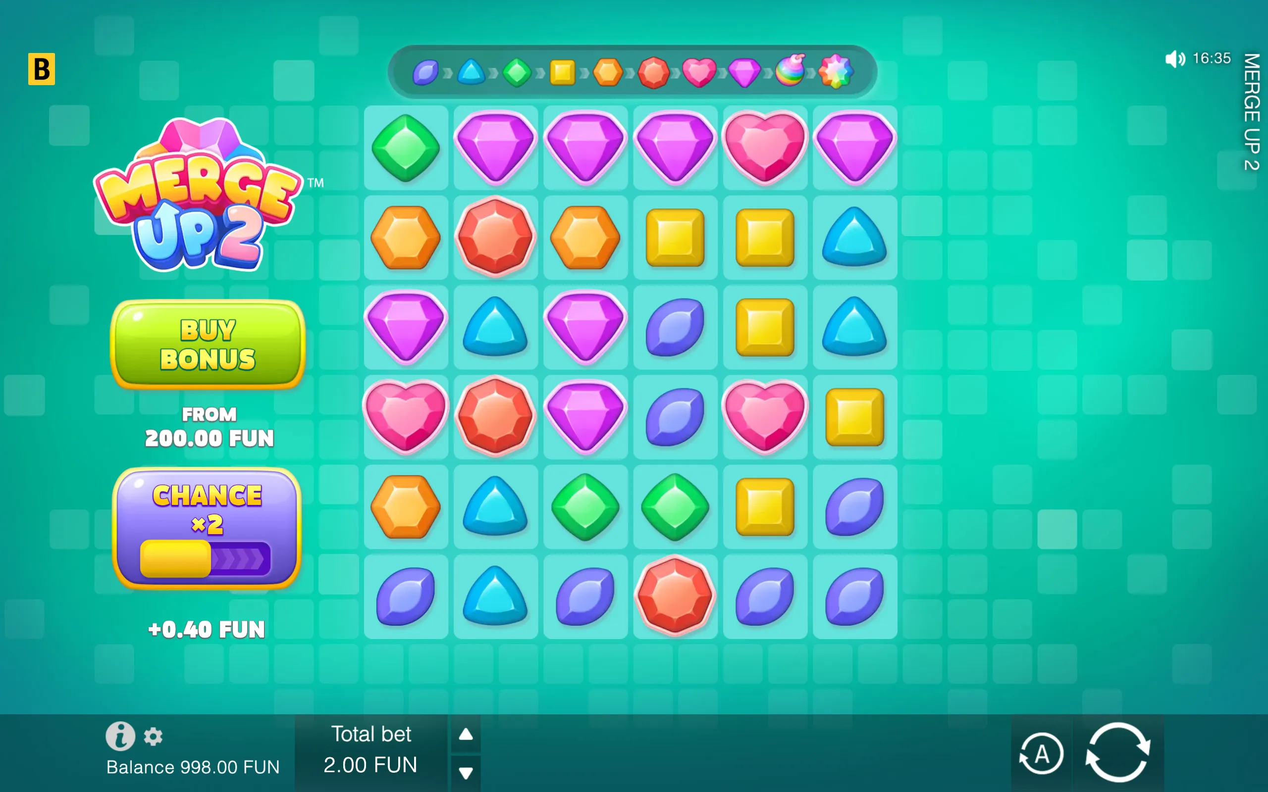 Merge Up 2 slot interface with a turquoise tiled backdrop, colorful jewel-shaped symbols, a large Merge Up 2 logo, and Buy Bonus controls.