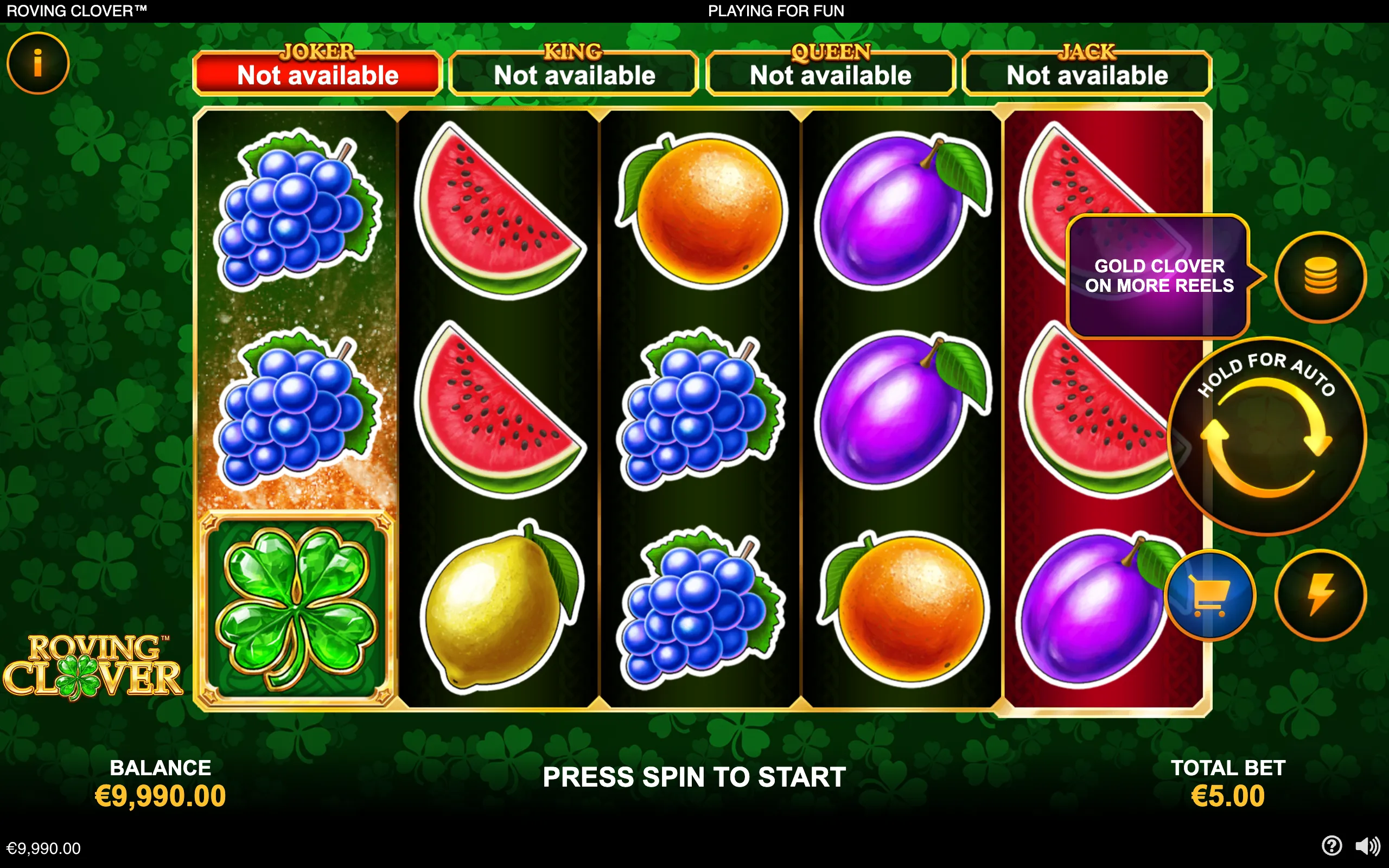 Roving Clover slot interface with five fruit-filled reels, a large green clover symbol, and a leafy four-leaf-clover backdrop. Watermelon, grapes, oranges, plums, and pears appear across the reels.