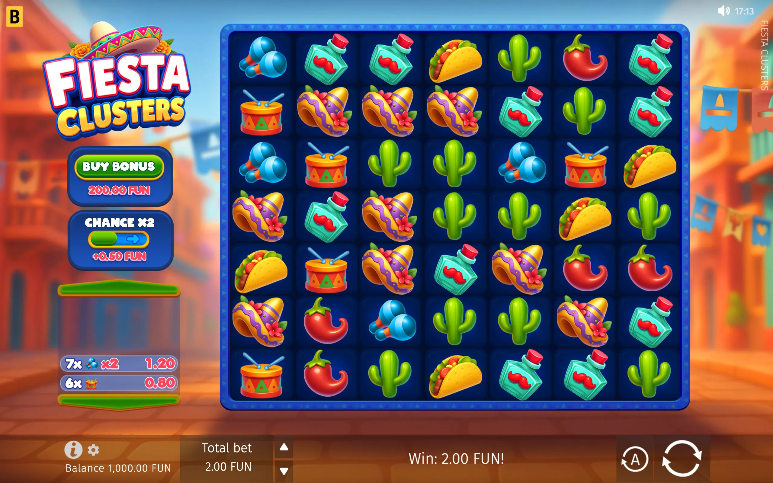 Bright Fiesta Clusters slot interface with a 7x7 grid of tacos, maracas, drums, sombreros, cacti, chili peppers and moustache bottles against a festive Mexican backdrop.