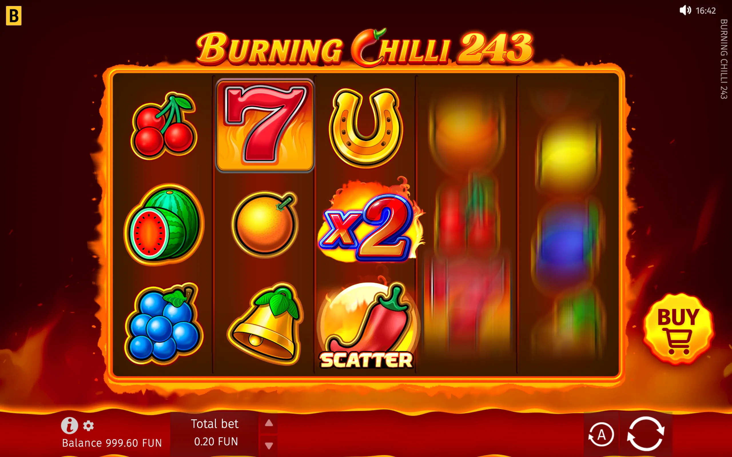 Burning Chilli 243 slot interface with flaming red-and-orange styling, fruit symbols, lucky 7 and horseshoe icons, a chilli scatter, and an x2 multiplier.