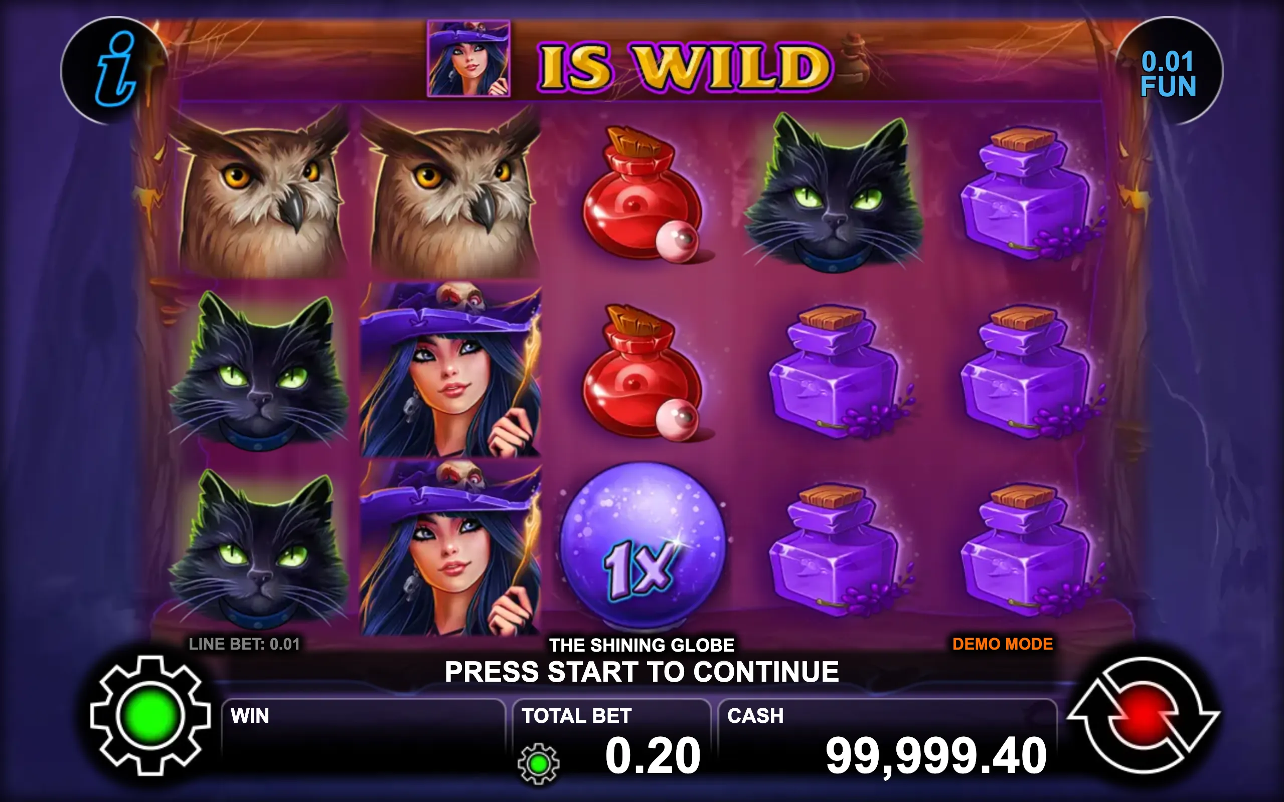 The Shining Globe slot game preview features mystical symbols including a witch, black cat, owl, potions, and a glowing crystal ball.