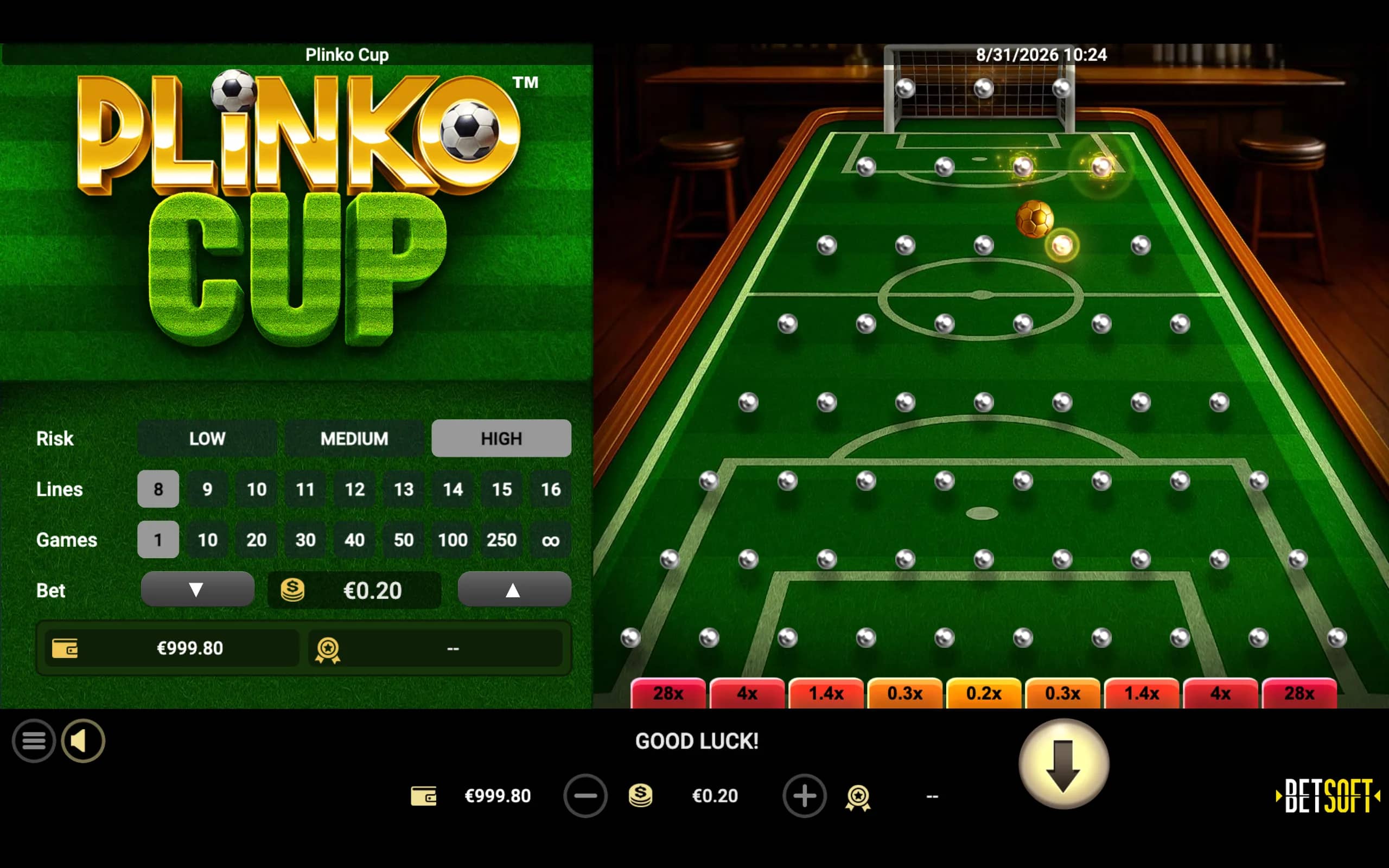 Plinko Cup slot interface with a football-themed green Plinko board, soccer balls, silver pegs, high-risk selection, and bottom multipliers from 0.2x to 28x.