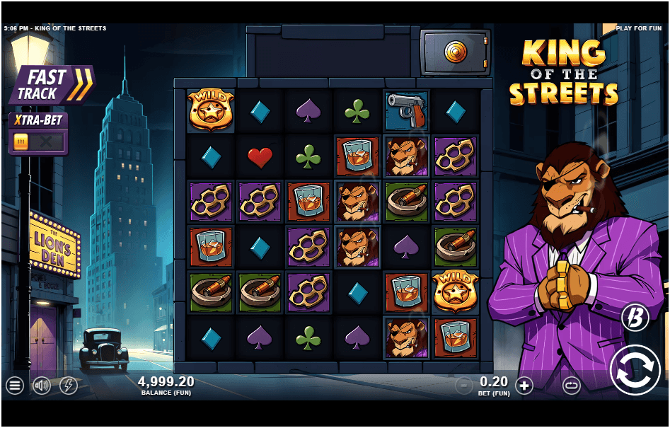 A five-reel slot game interface featuring symbols like whiskey glasses, brass knuckles, playing card suits, a lion mob boss, and UI elements such as a Fast Track button, Xtra-Bet toggle, and a cartoon lion character in a purple suit.