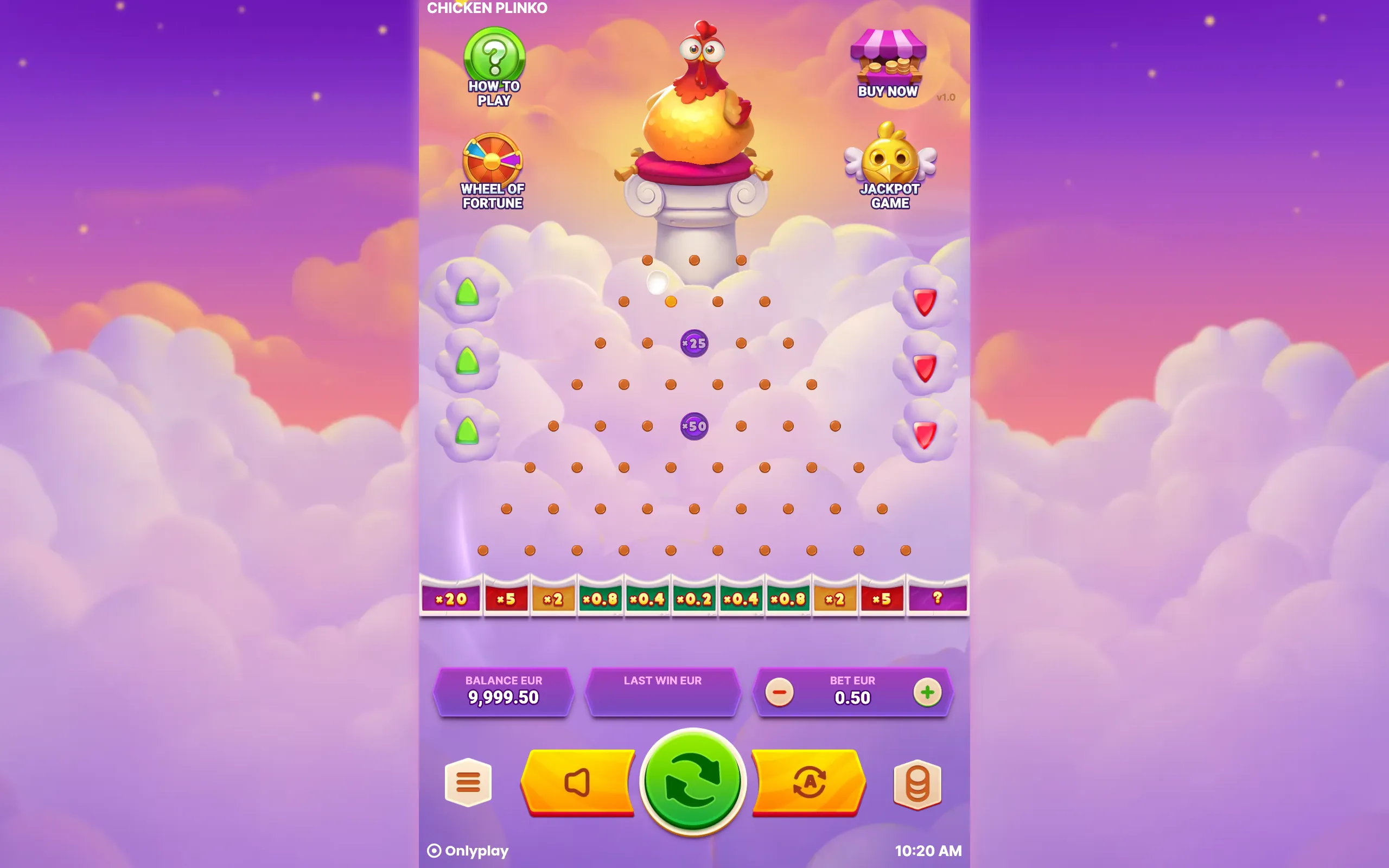 Colorful Chicken Plinko game interface with a cartoon chicken perched above a cloud-filled pegboard, multiplier slots, jackpot game icon, and spin controls.