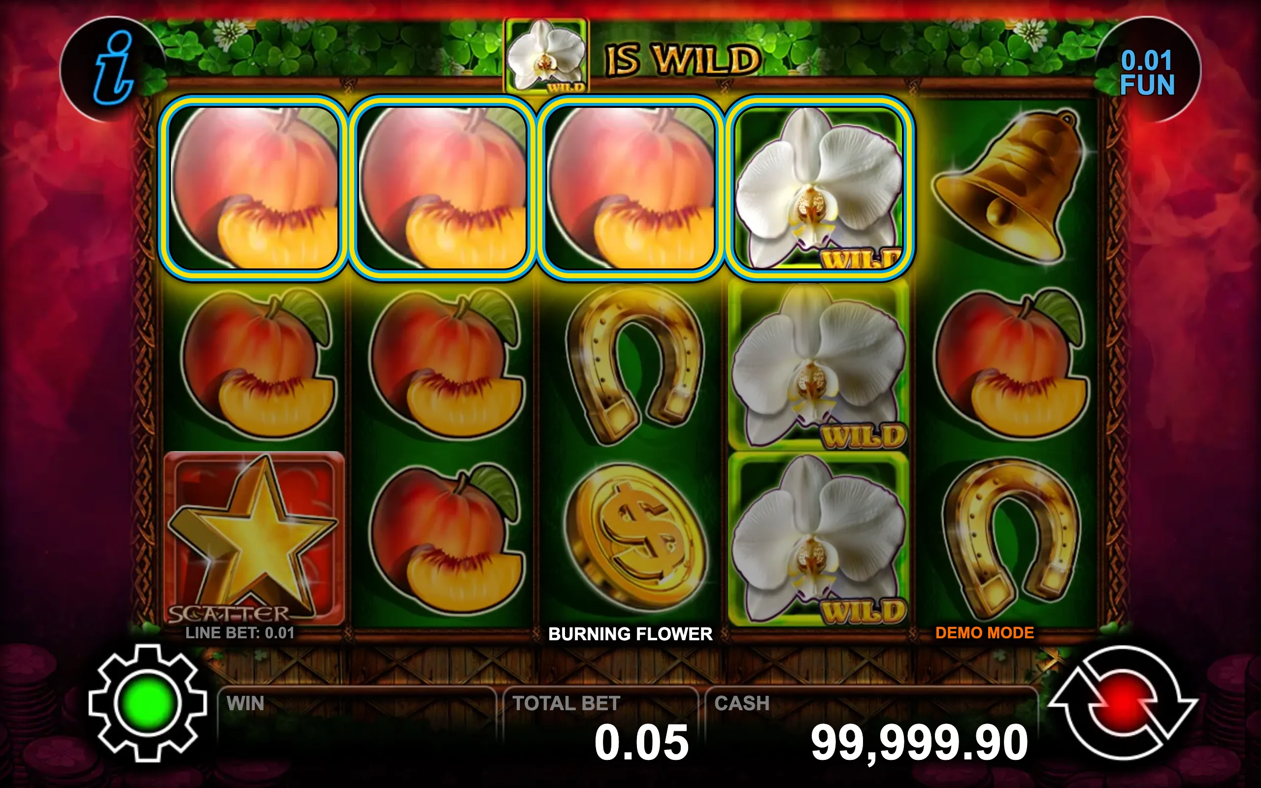 Burning Flower slot game featuring peaches, white orchid wilds, golden bells, horseshoes, and a star scatter symbol on a green leafy background.