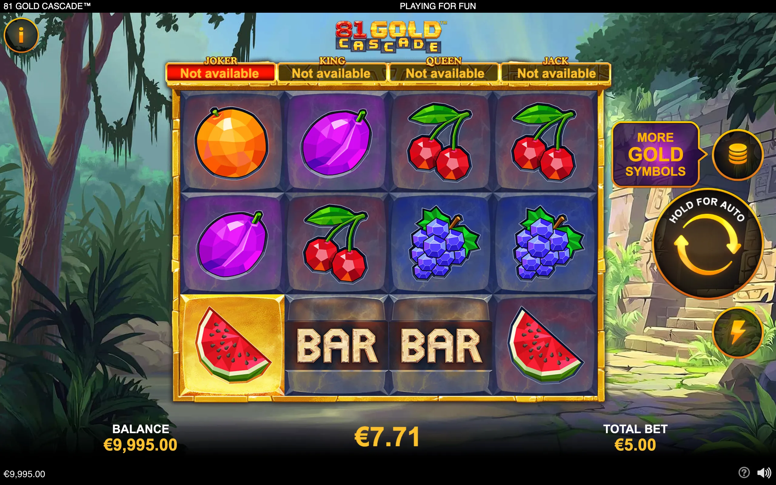 81 Gold Cascade slot interface with colorful fruit symbols, BAR tiles, a gold-framed reel grid, and a lush jungle temple backdrop.