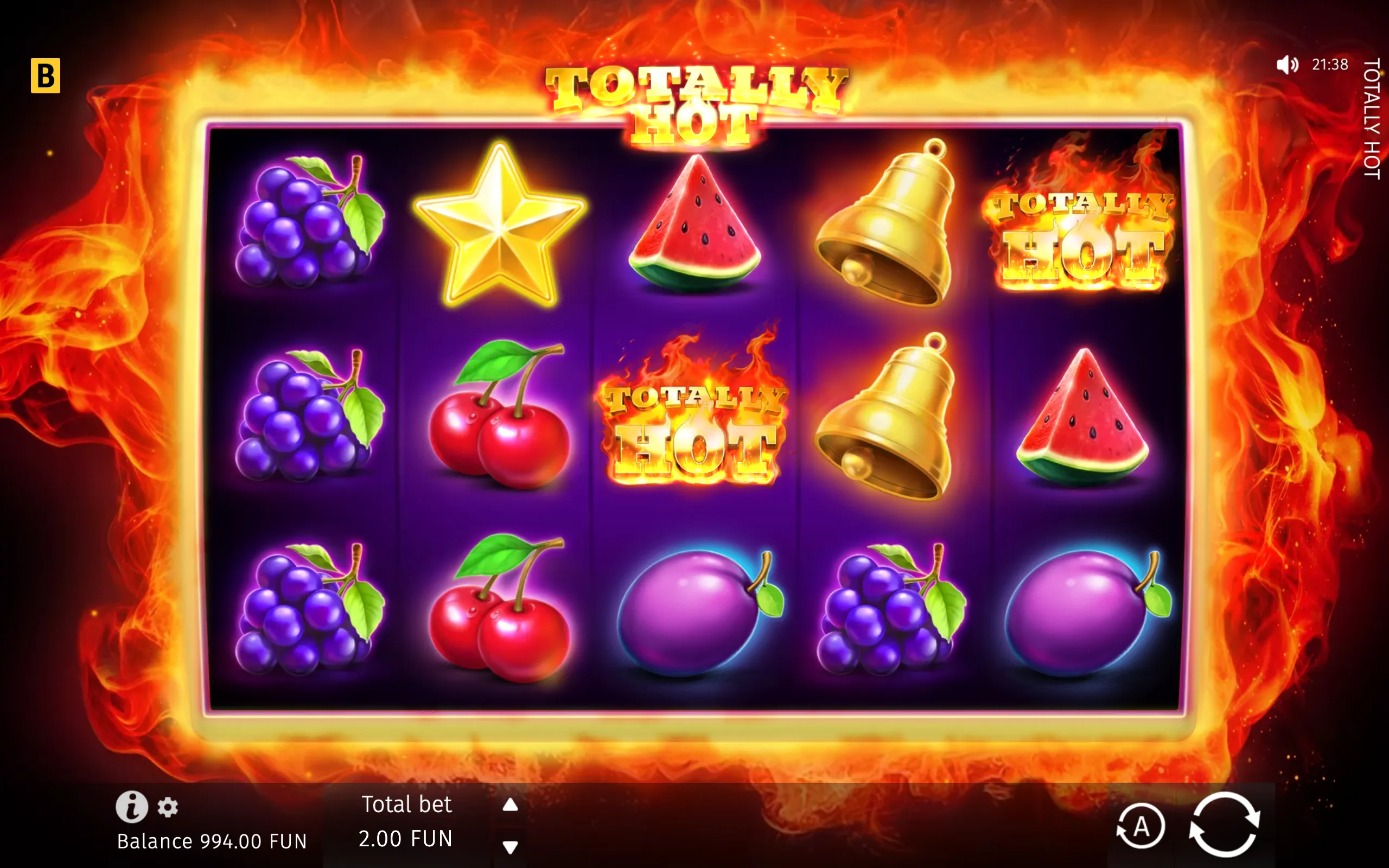 Totally Hot slot interface with a fiery orange backdrop, purple reels, glowing fruit, star, bell, plum, and branded Totally Hot symbols.