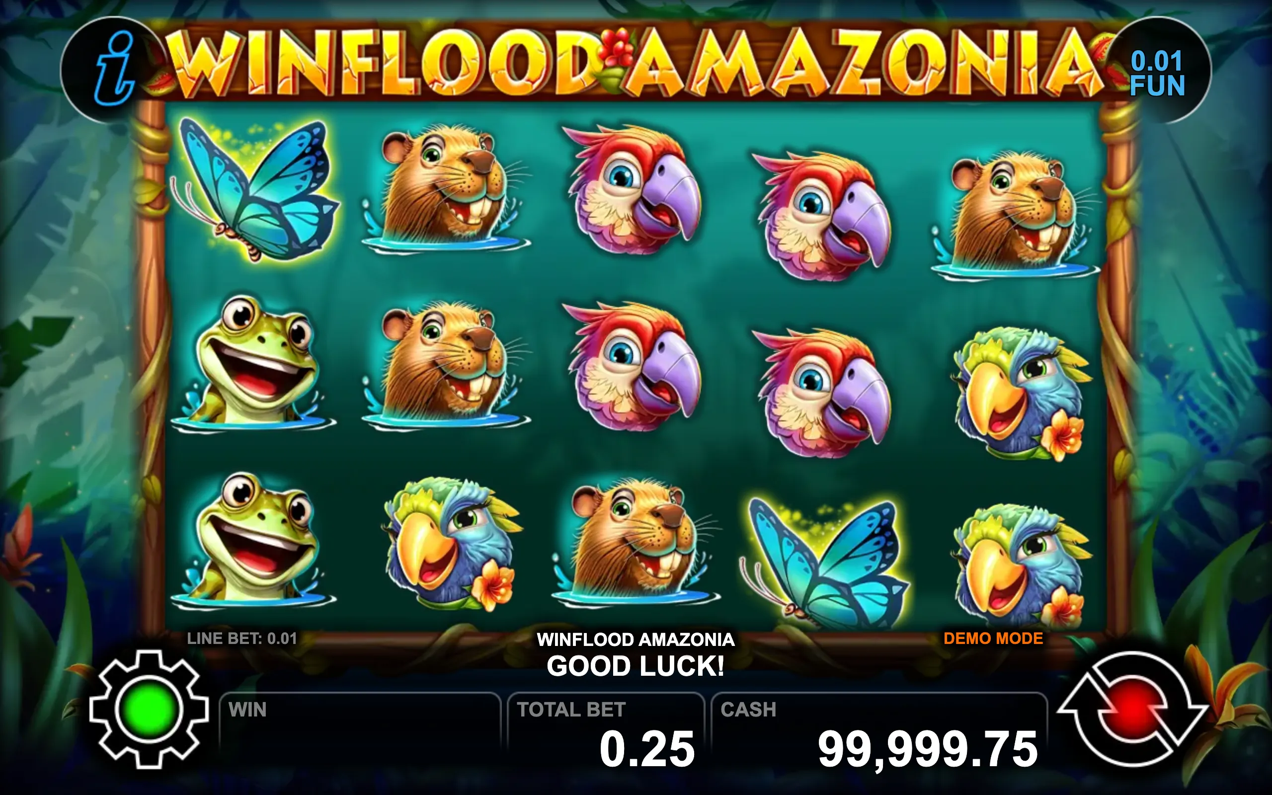 Winflood Amazonia slot game featuring colorful Amazonian animals and lush jungle visuals