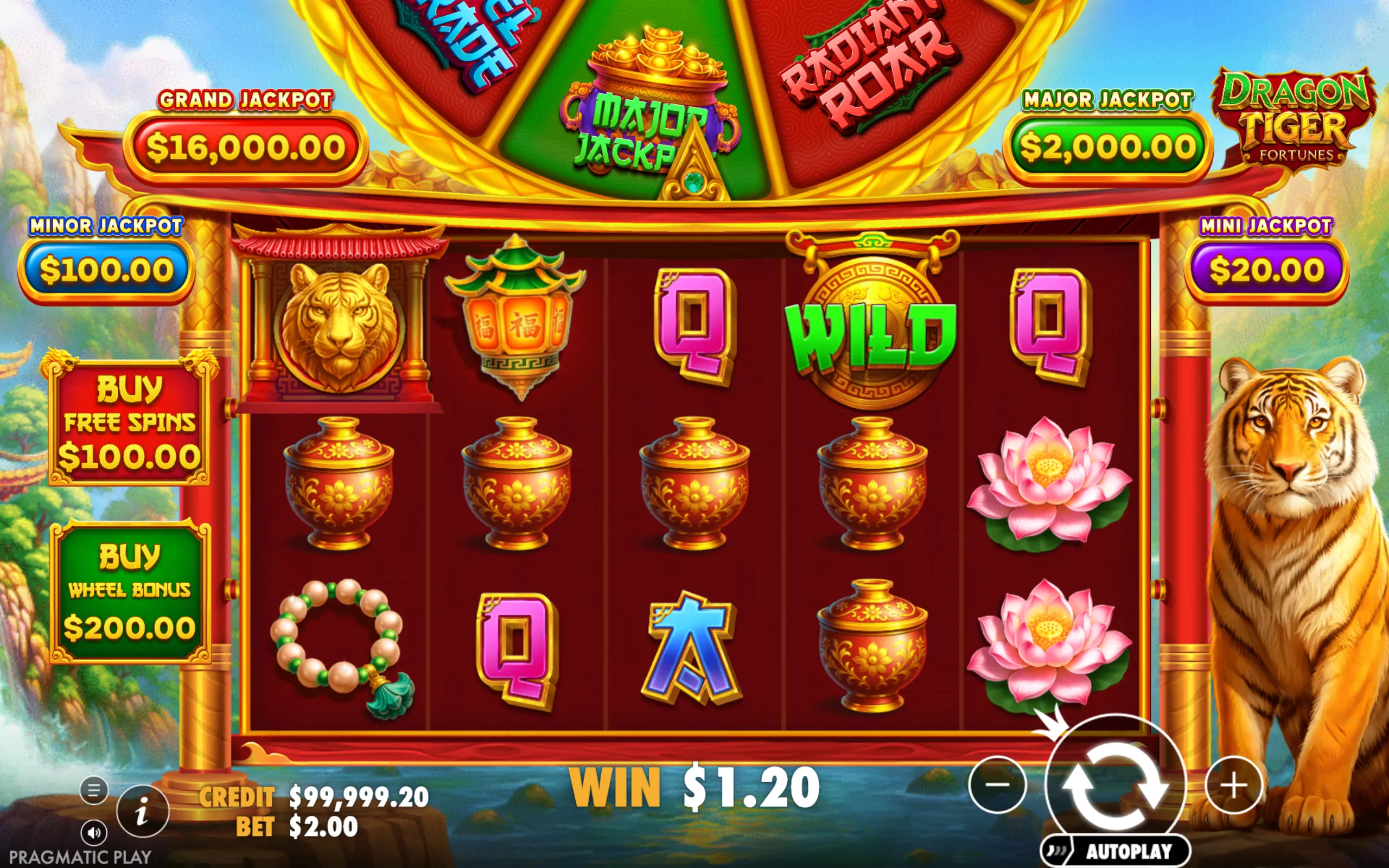 Dragon Tiger Fortunes slot game interface featuring Asian-themed symbols, jackpot values, and a tiger character on the right side.