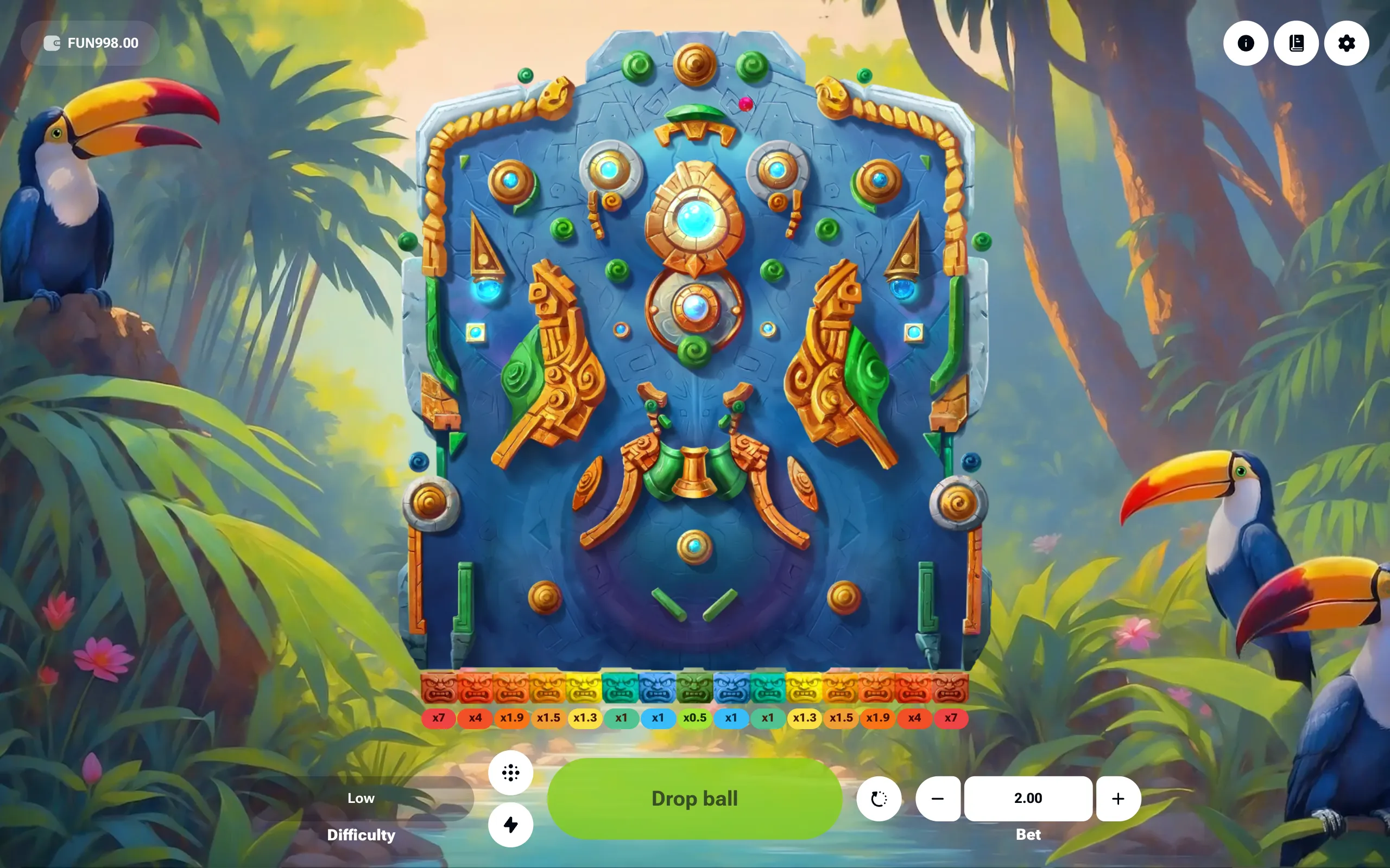 Colorful Magic Plinko game board with glowing blue and gold ornaments, green spiral pegs, tropical jungle foliage, and toucans surrounding multiplier slots from x0.5 to x7.