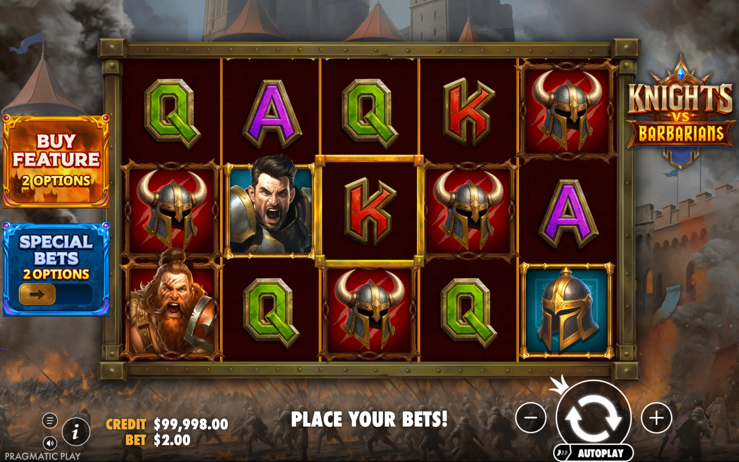 Medieval battle-themed slot game interface with symbols of knights, barbarians, helmets, and playing card icons against a castle backdrop.