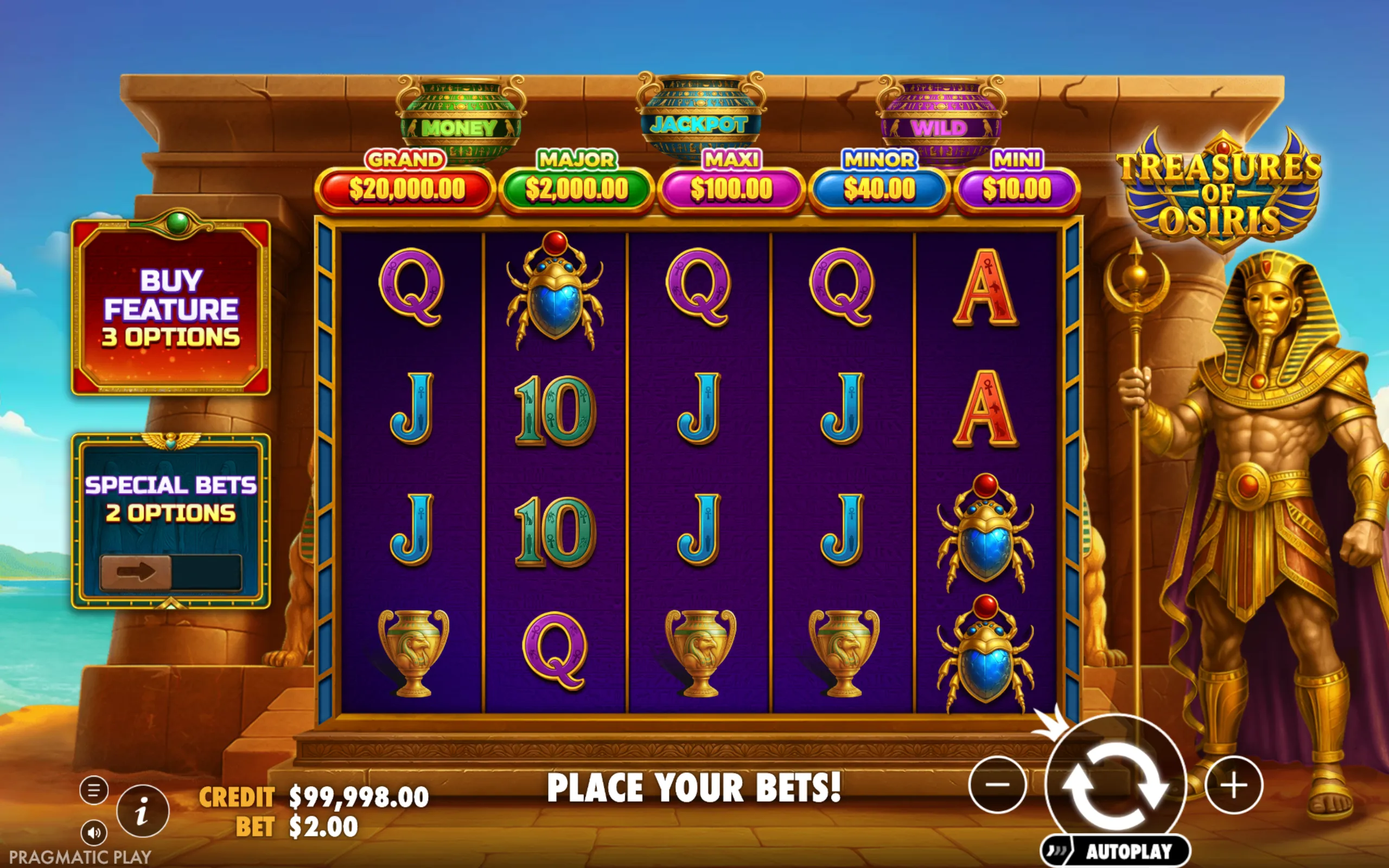 Ancient Egyptian themed slot game interface featuring symbols like scarabs, urns, and royal figures with jackpot tiers displayed prominently.