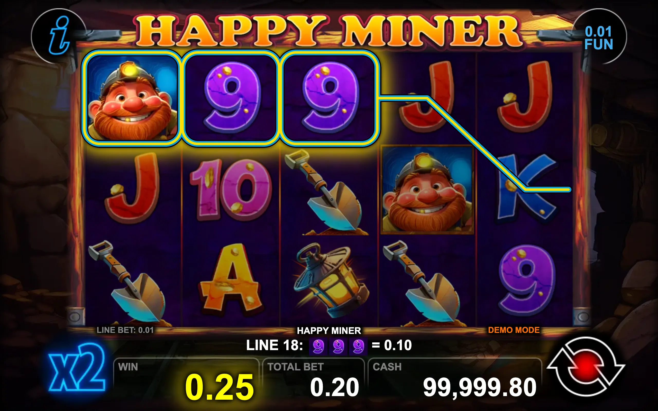 Happy Miner slot game preview featuring a cheerful miner character and colorful mining-themed symbols.