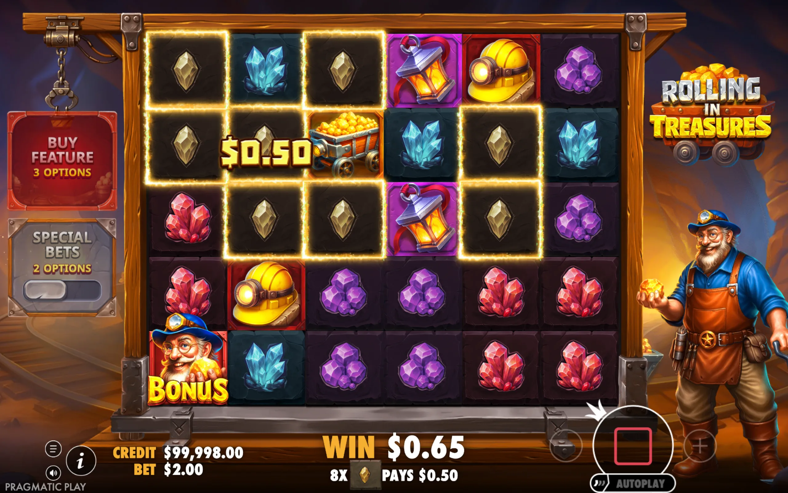Slot game interface featuring mining-themed symbols like crystals, helmets, lanterns, and a miner character, with highlighted winning lines and a treasure cart payout.