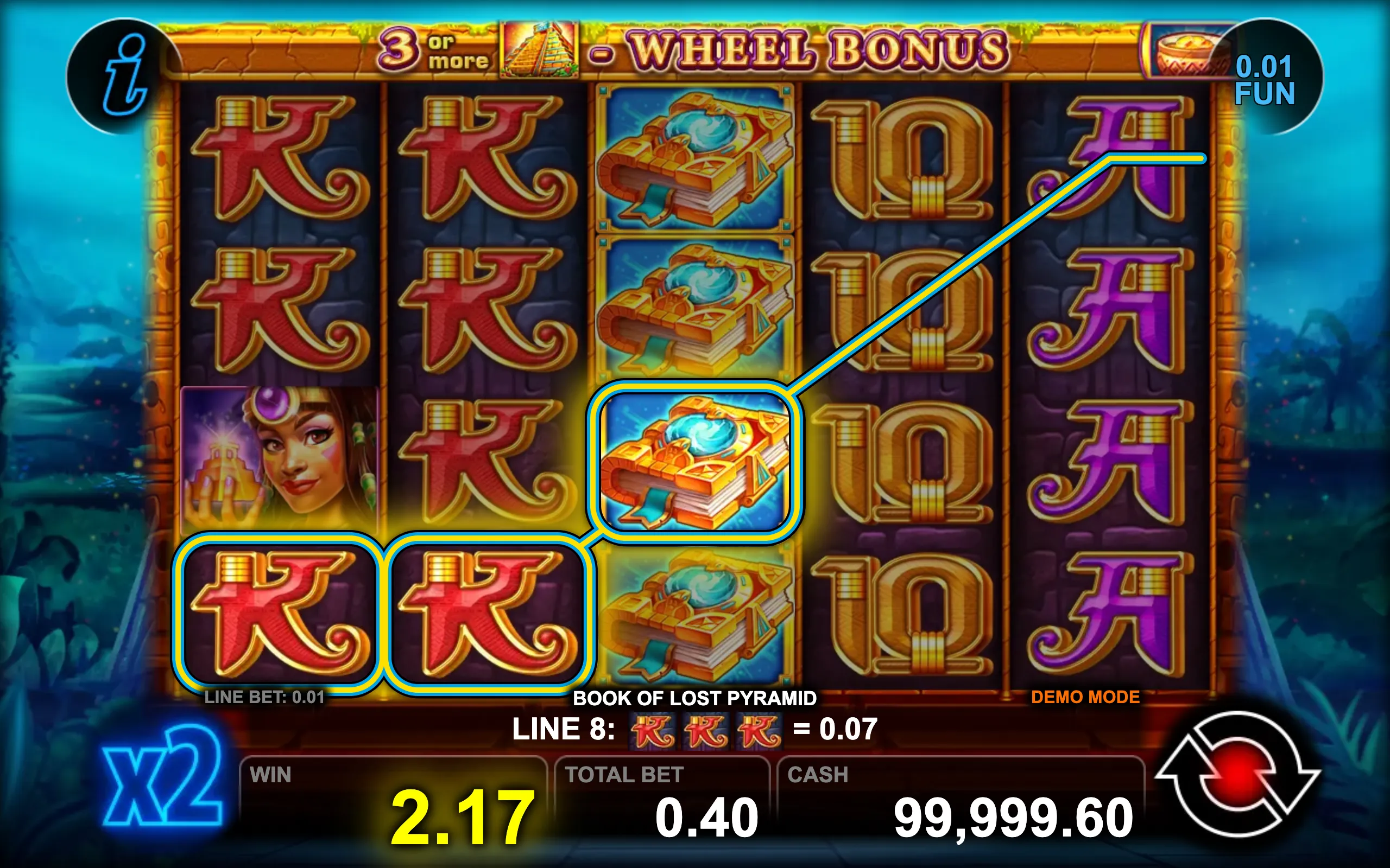 Book of Lost Pyramid slot game with vibrant symbols of ancient books, pyramids, and mystical characters set against a deep blue jungle background.