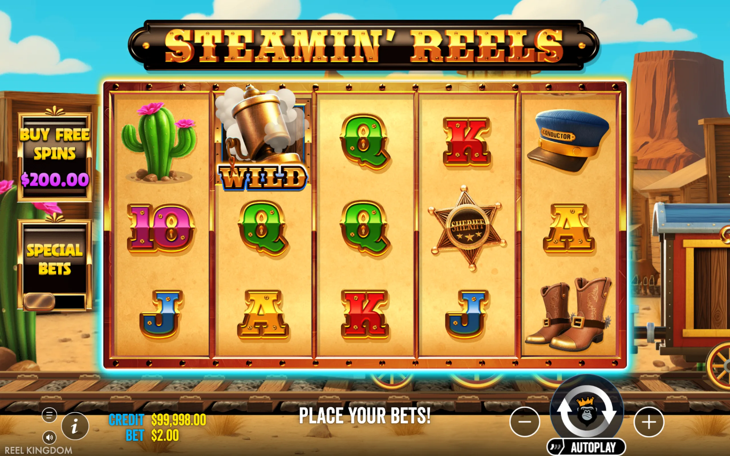 Steamin' Reels slot game with Wild West themed symbols including a cactus, sheriff badge, conductor hat, cowboy boots, and stylized card icons on a desert train track background.