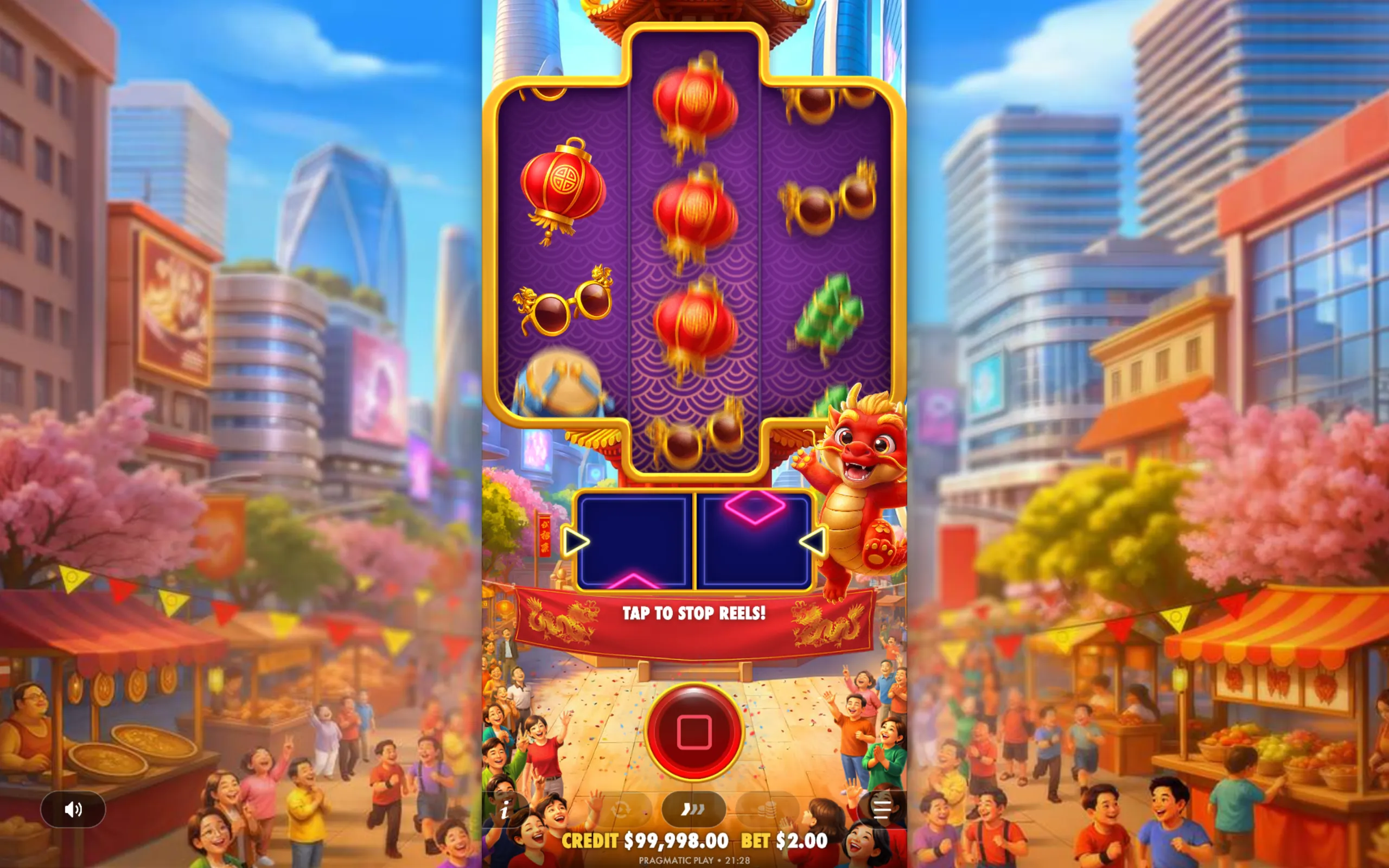 A vibrant slot game interface featuring a cheerful red dragon mascot, traditional Asian symbols like red lanterns and firecrackers, set against a lively city street festival backdrop with smiling crowds.
