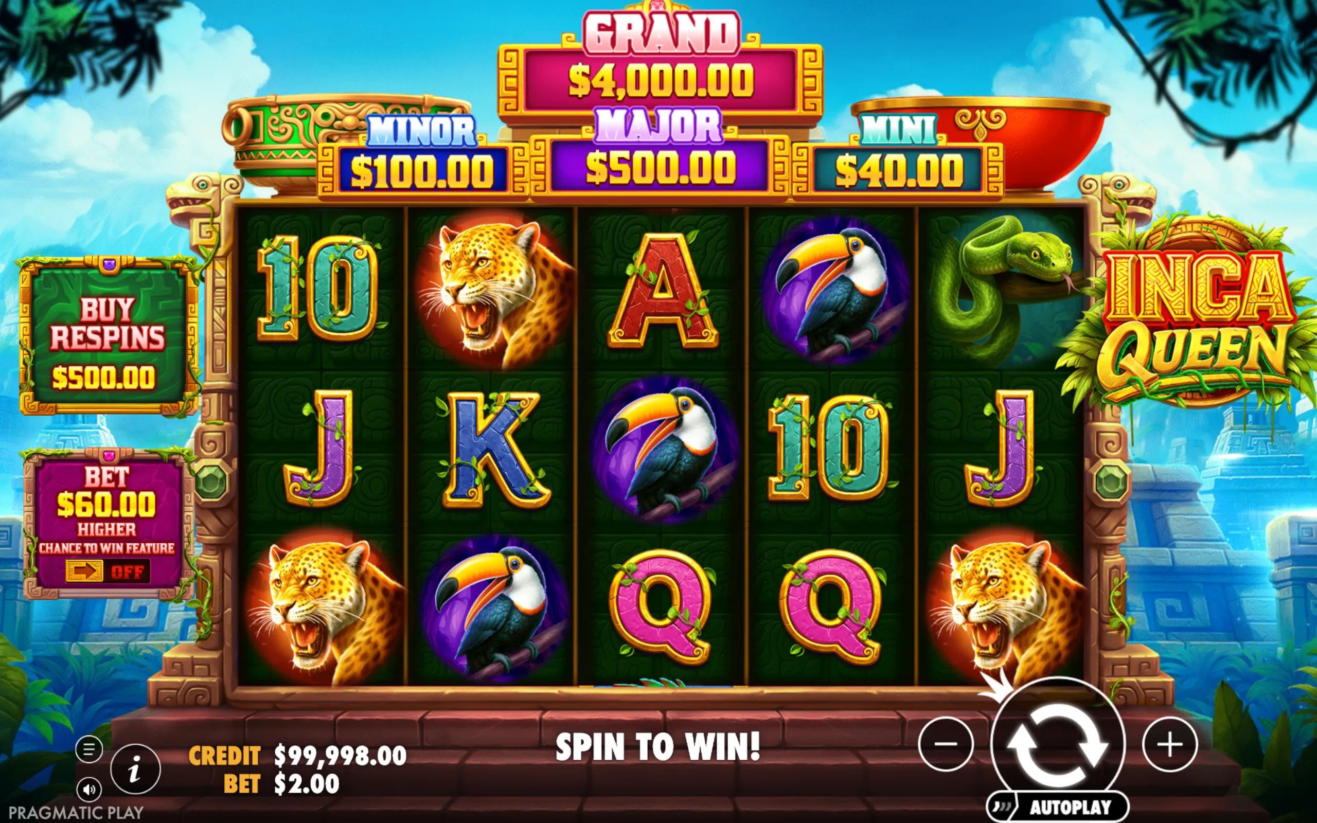 Inca Queen slot game featuring jungle animals and Inca-themed symbols with jackpot tiers displayed above the reels.