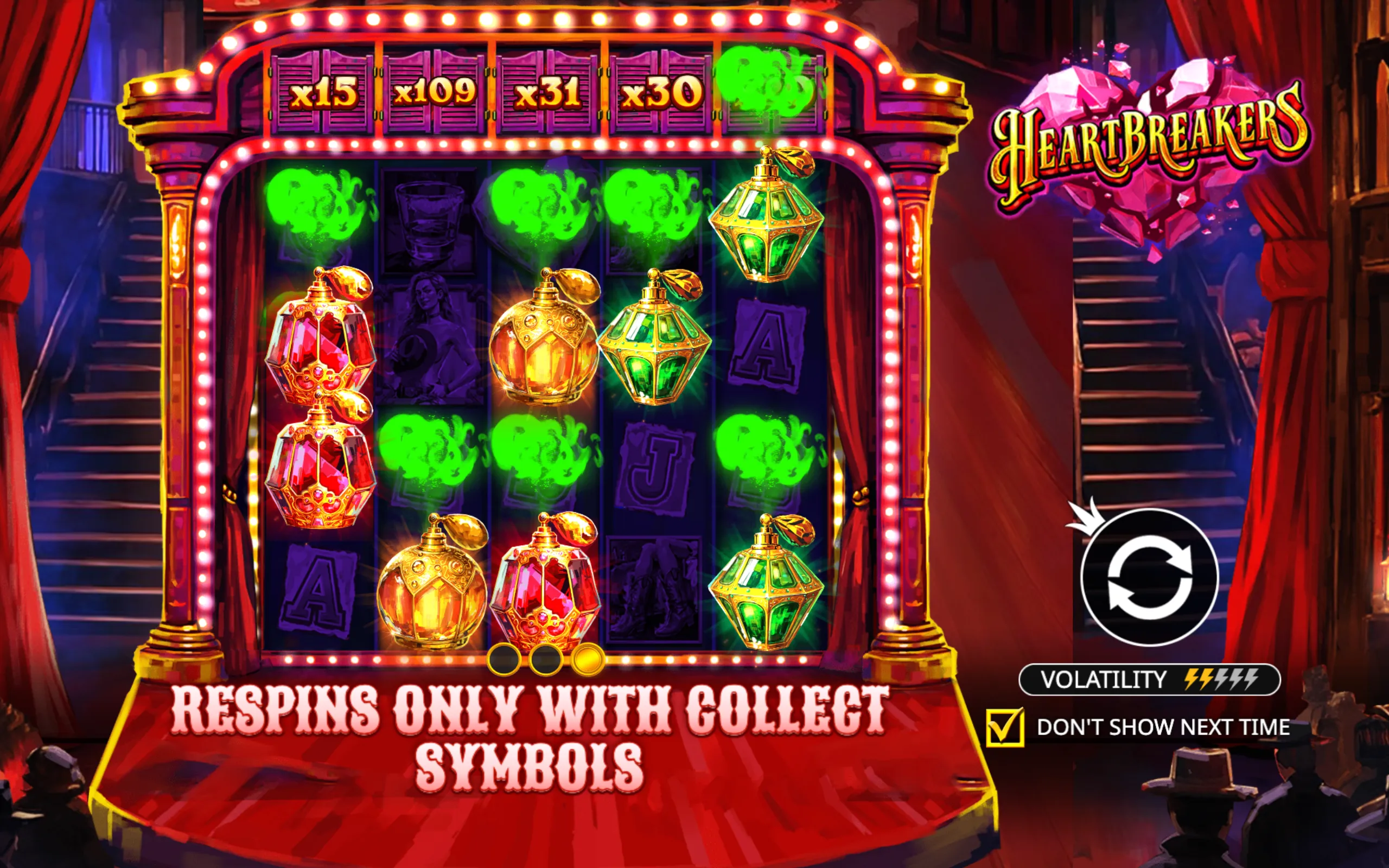 Heartbreakers slot game with glowing perfume bottle symbols and green smoky effects on a stage-like slot machine interface, featuring a cracked pink heart logo.