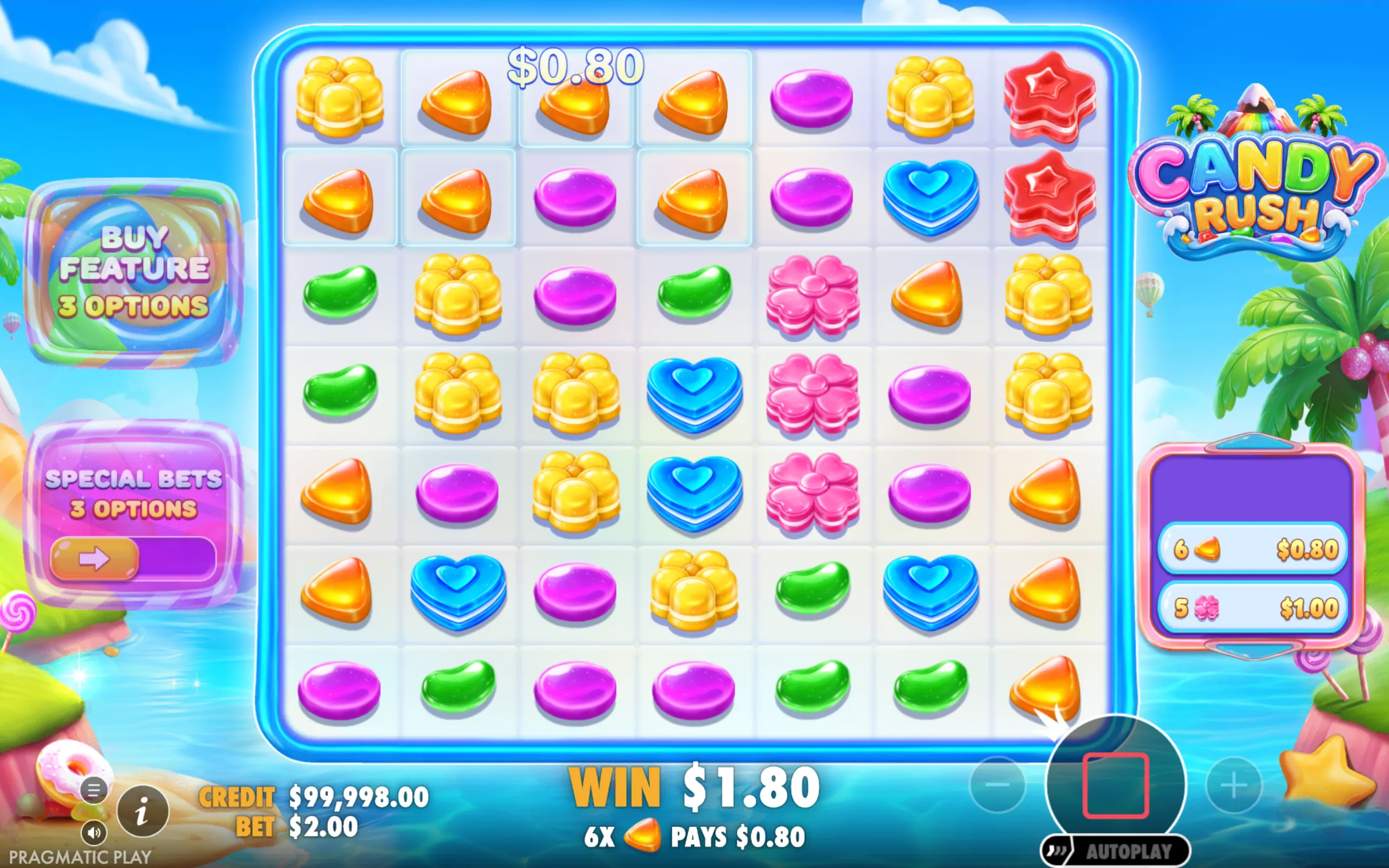 Bright and colorful candy-themed slot game grid with various candy symbols including hearts, flowers, stars, and jelly beans, set against a tropical beach backdrop.