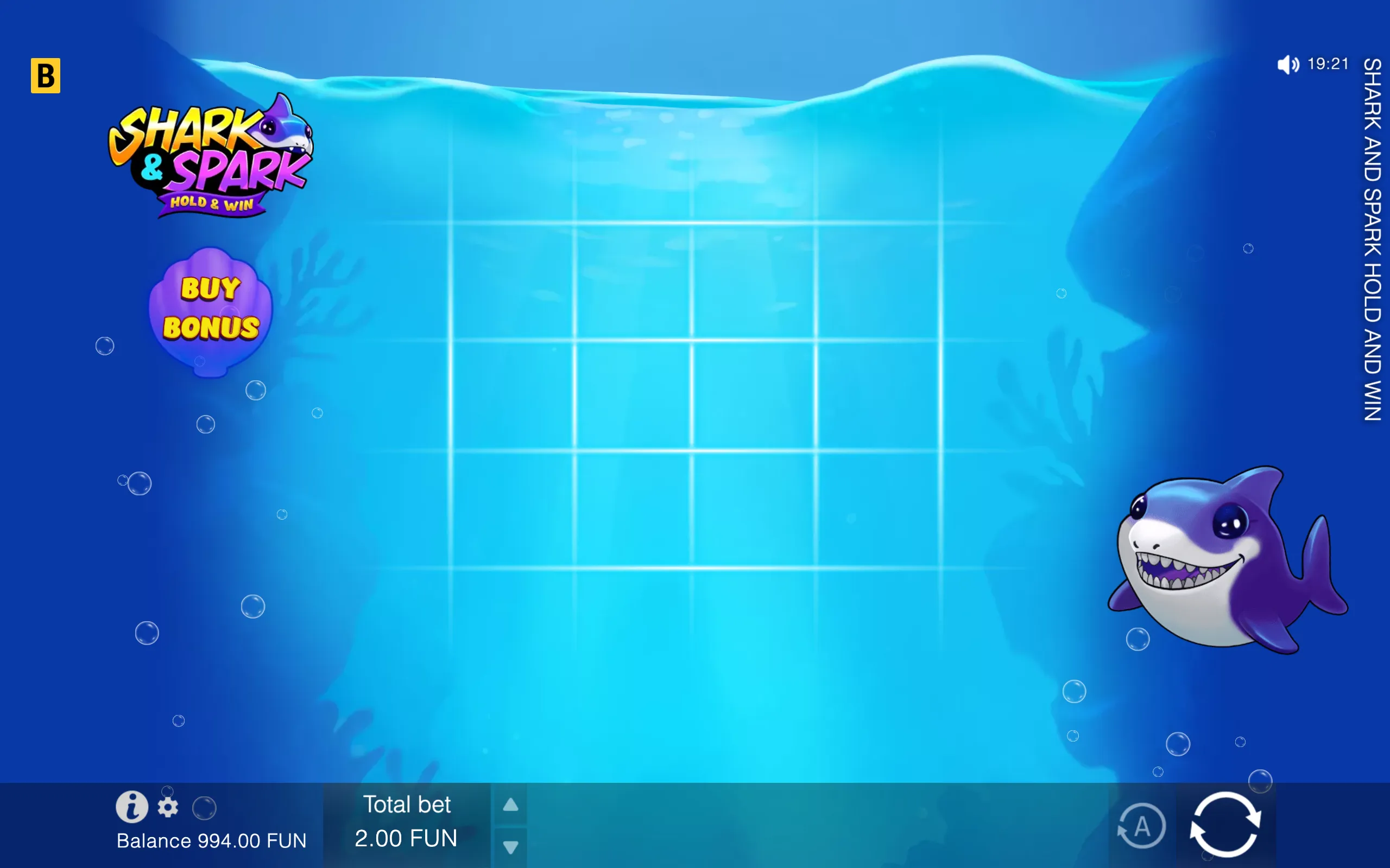 Colorful underwater slot interface for Shark & Spark, featuring a cartoon purple shark, bubbles, a glowing reel grid, and a Buy Bonus button.
