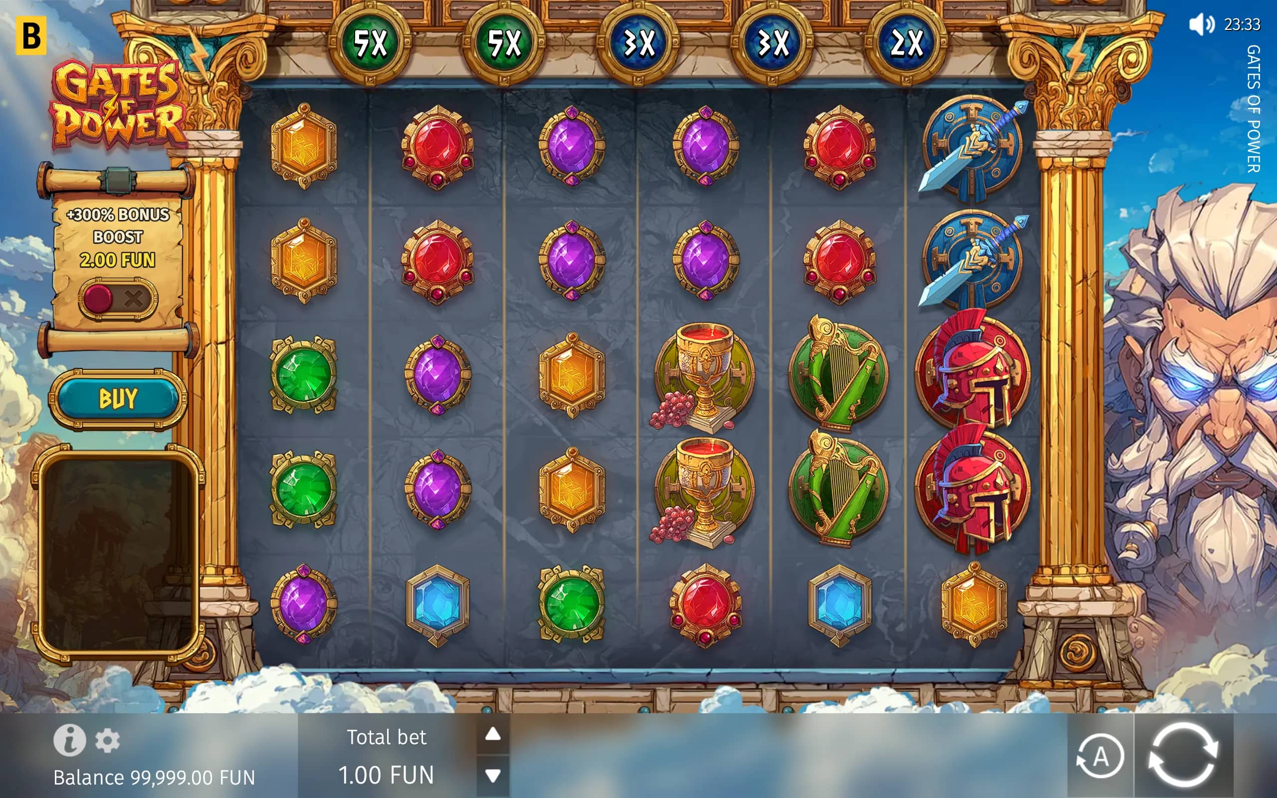 Gates of Power slot interface with jeweled symbols, swords, goblets, harps, helmets, column multipliers, and a stern white-haired warrior framed by ancient stone architecture.