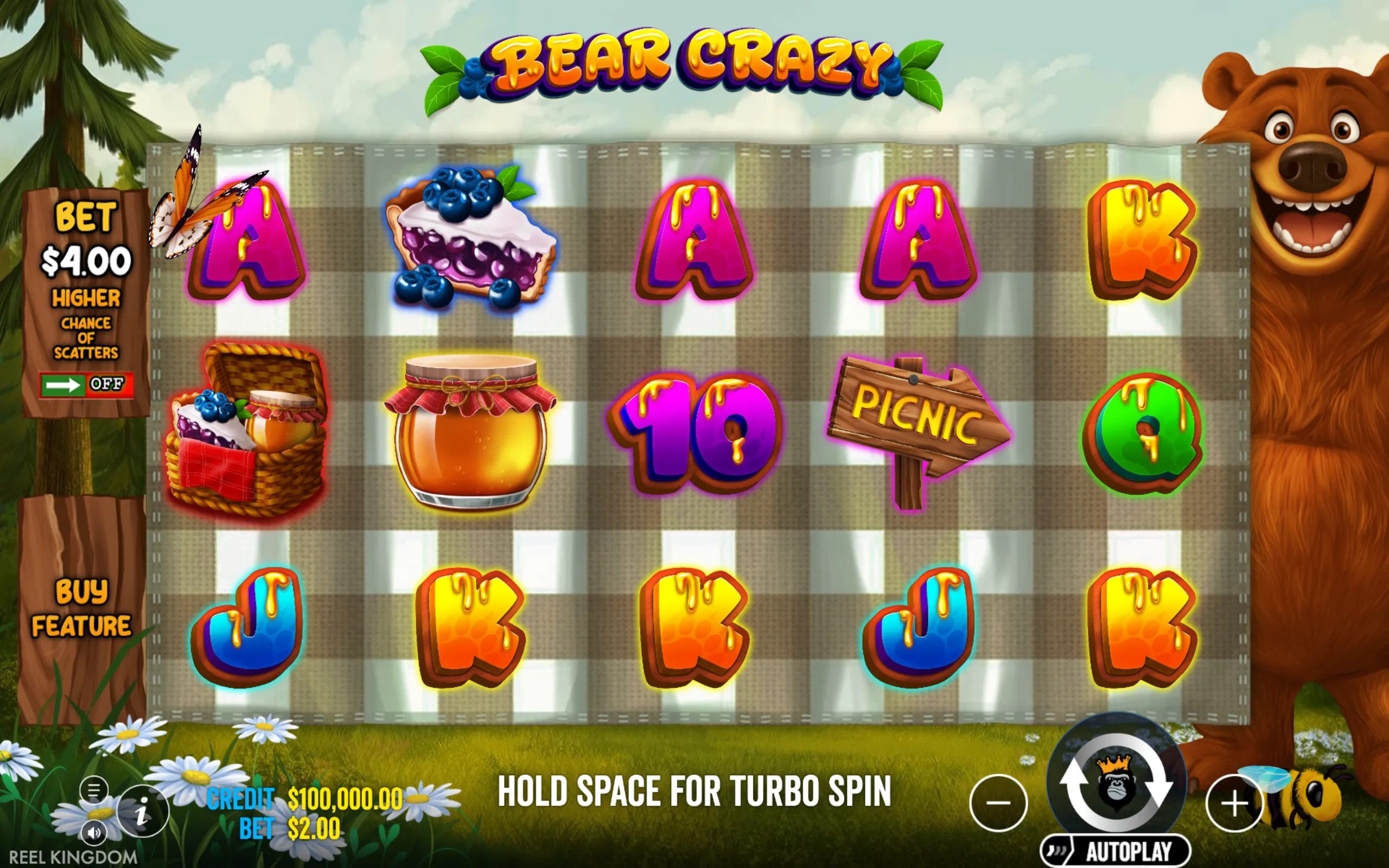 Colorful slot game interface featuring cartoon-style bear, picnic items, and dripping honey symbols on a checkered tablecloth background.