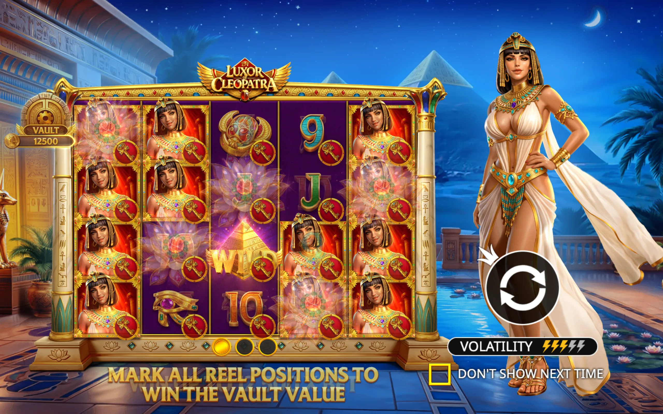 Luxor of Cleopatra slot game featuring Egyptian-themed symbols, a regal Cleopatra character, and a nighttime pyramid backdrop under a crescent moon.