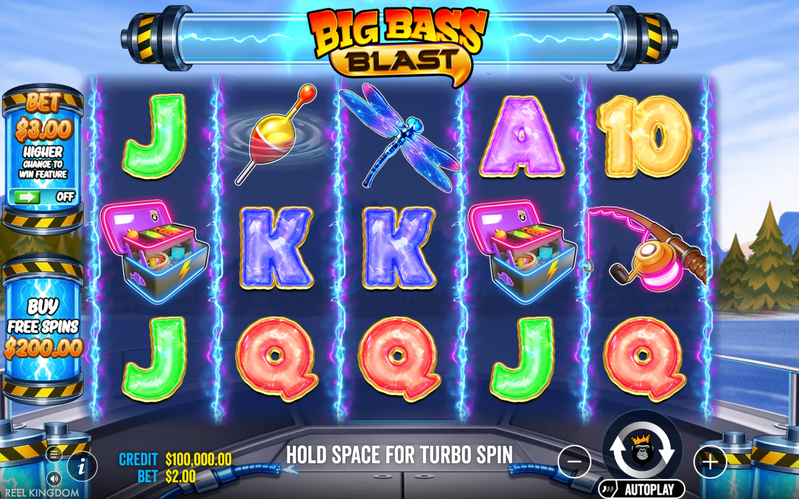 Big Bass Blast slot game reels featuring fishing-related symbols like a fishing rod, tackle box, bobber, and aquatic-themed letters with a lake and forest backdrop.