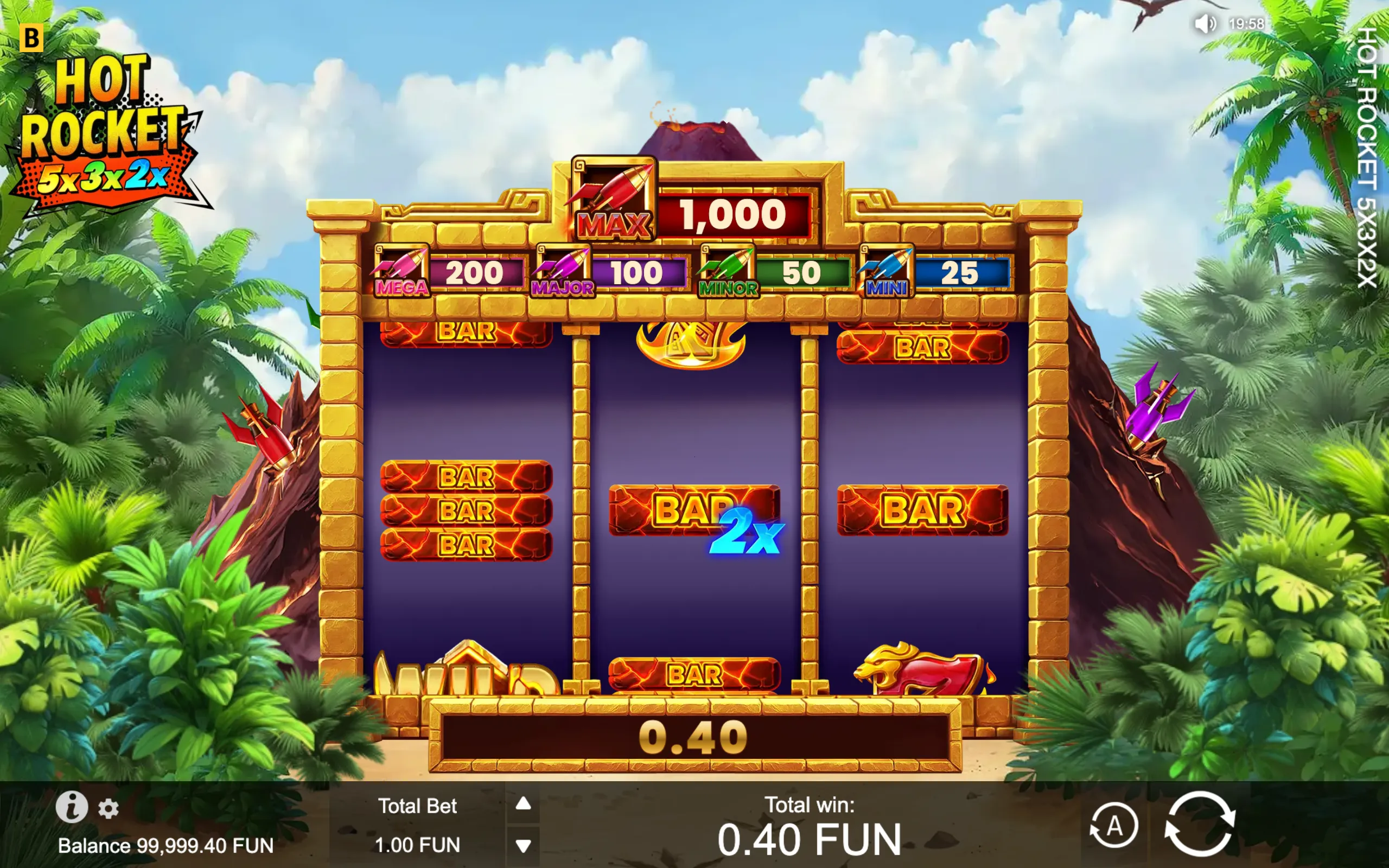 Hot Rocket 5x 3x 2x slot interface with BAR symbols, a blue 2x multiplier, rocket-themed jackpot tiers, and a tropical volcanic backdrop.