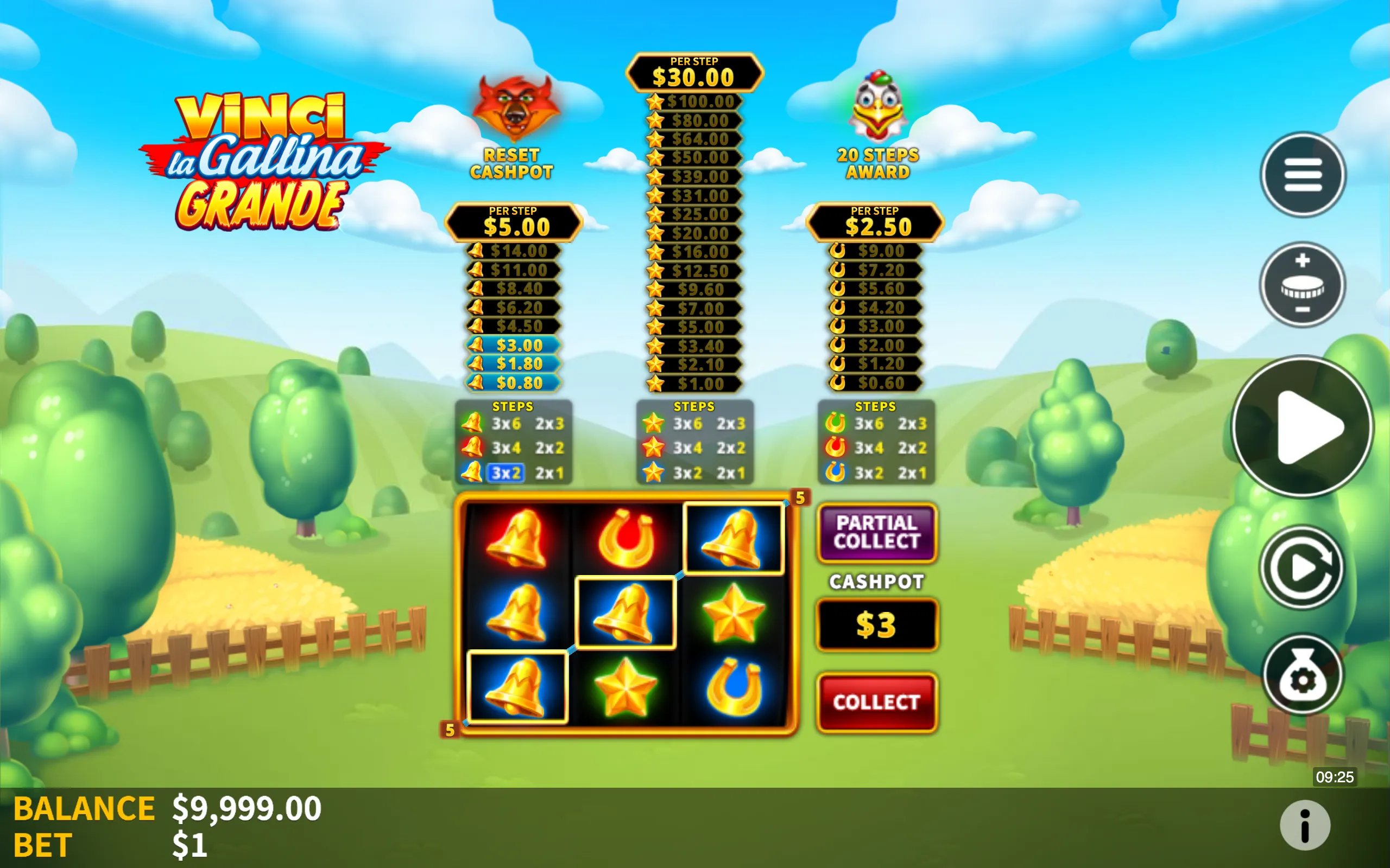 Colorful slot game interface with farm-themed symbols like bells, stars, and horseshoes, displaying step-based jackpot values and a cashpot collection feature against a bright countryside backdrop.