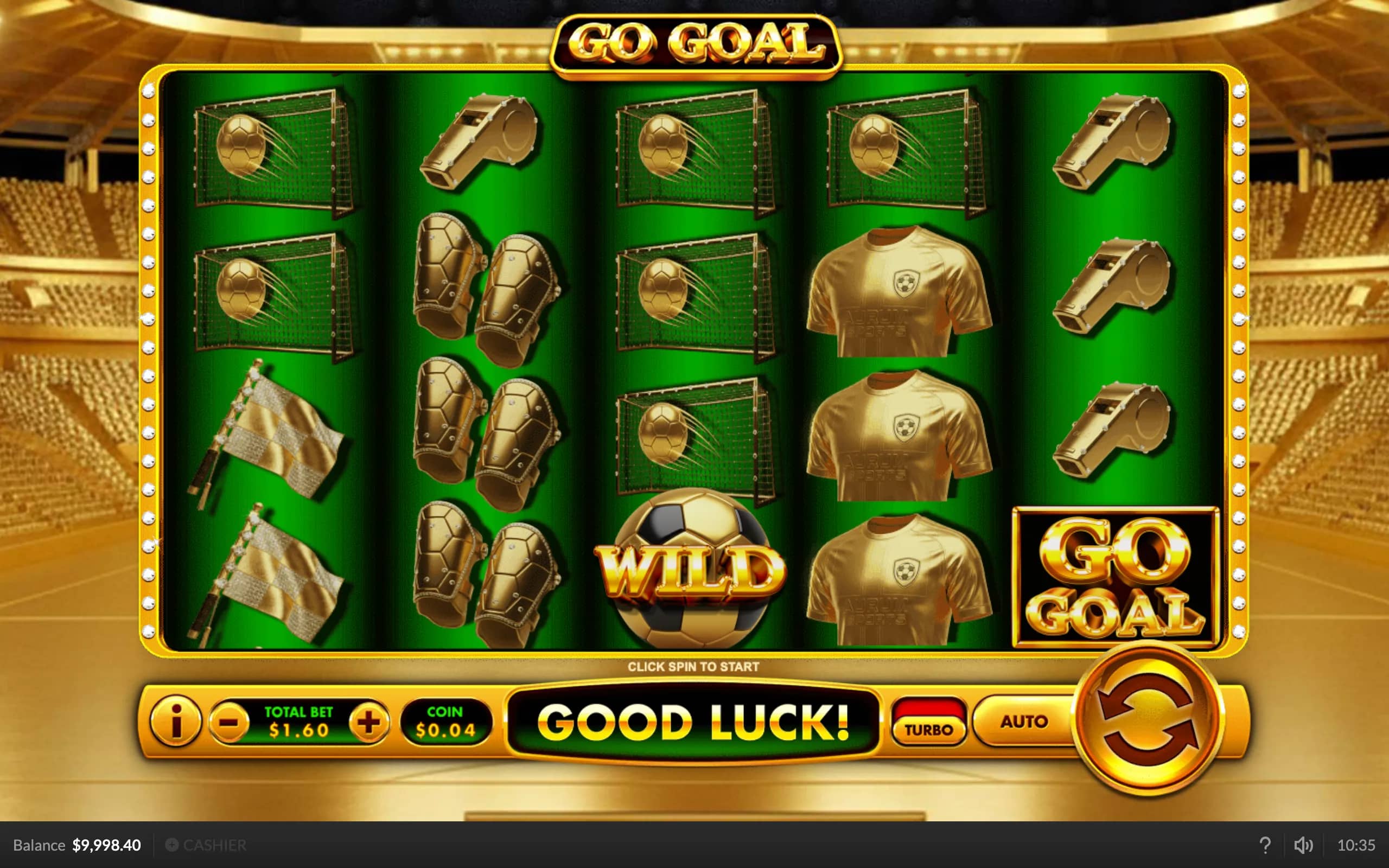 Slot game reels featuring golden soccer-themed symbols including goals, whistles, shin guards, jerseys, flags, and a wild soccer ball symbol on a green background.