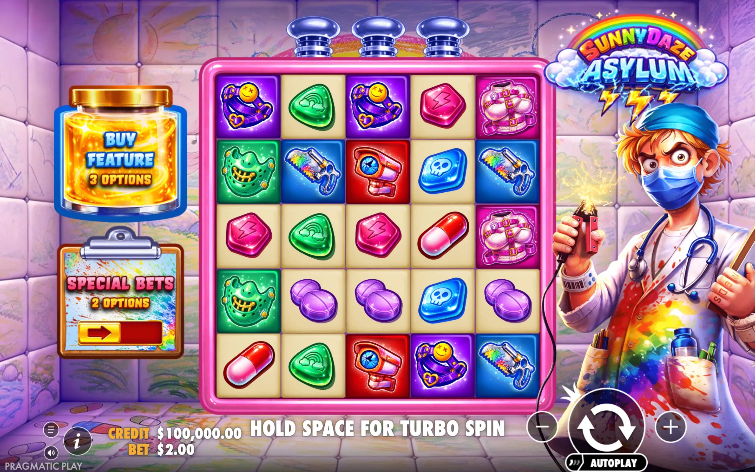 Colorful slot reels featuring quirky symbols like a straightjacket, pills, and paint guns, set in a padded asylum room with a cartoonish doctor holding an electric device.