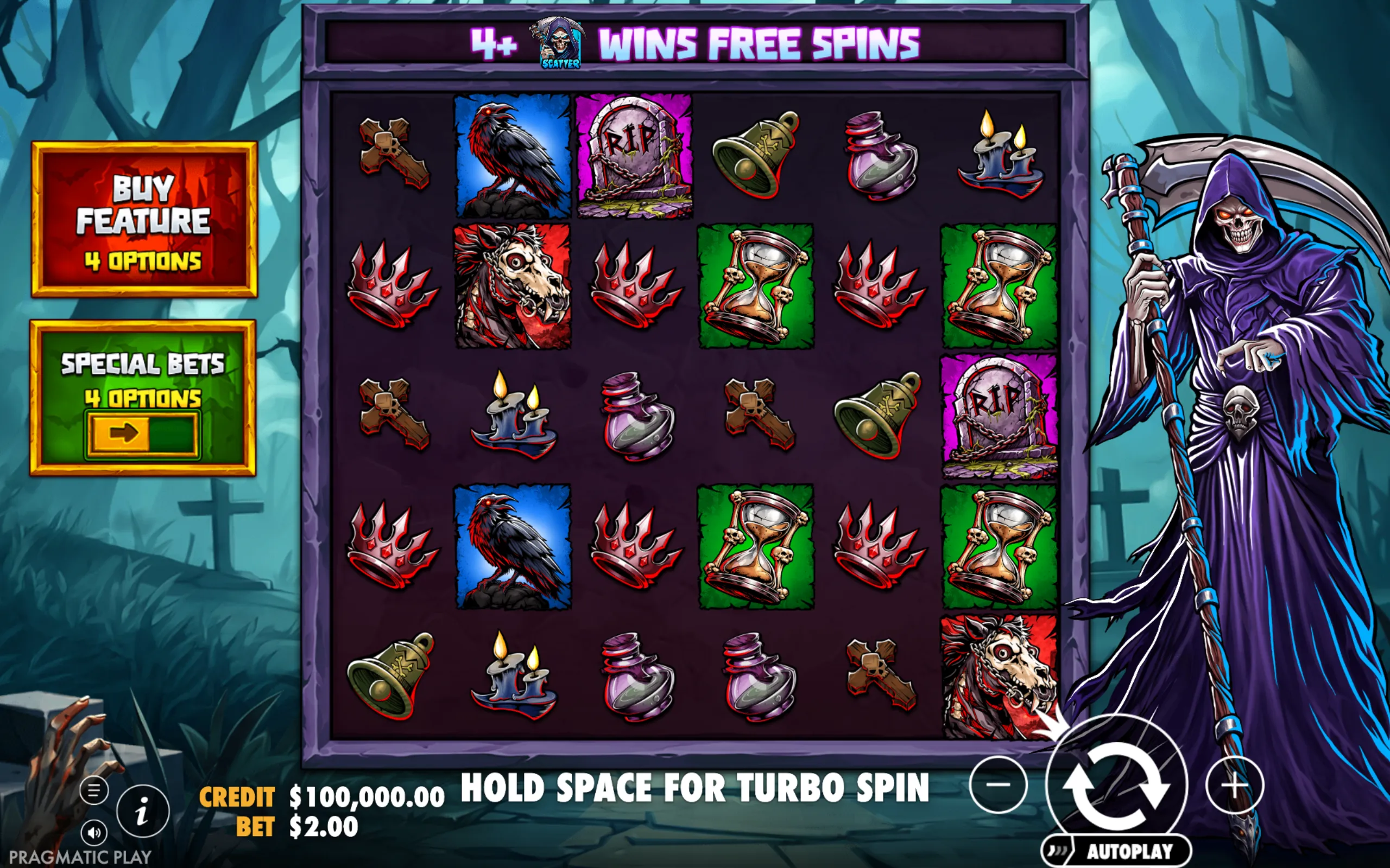 Death Dominion slot game featuring grim reaper character, dark cemetery symbols including raven, tombstone, hourglass, and potion bottles, with a haunted forest backdrop.