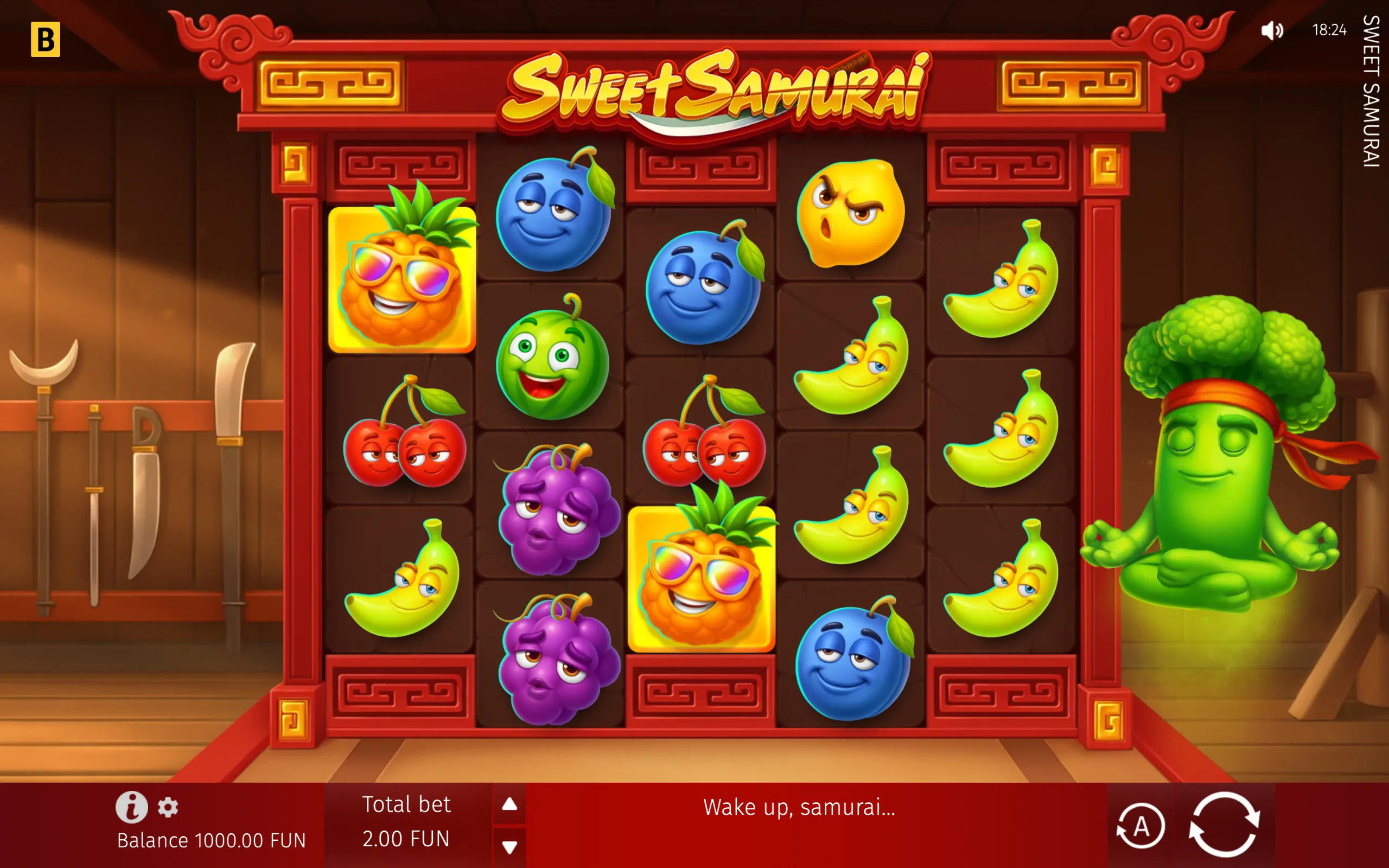 Sweet Samurai slot reels filled with expressive pineapple, blueberry, banana, cherry, grape and lime fruit symbols, framed by a red Japanese-style temple with a meditating green samurai mascot.