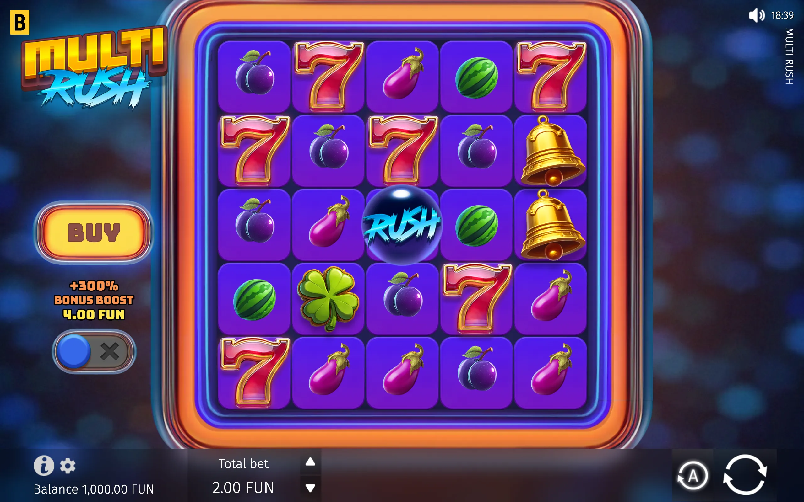 Multi Rush slot interface with a glowing purple 5x5 reel grid, red sevens, fruit symbols, bells, a central RUSH orb, and a Buy button advertising a +300% bonus boost for 4.00 FUN.