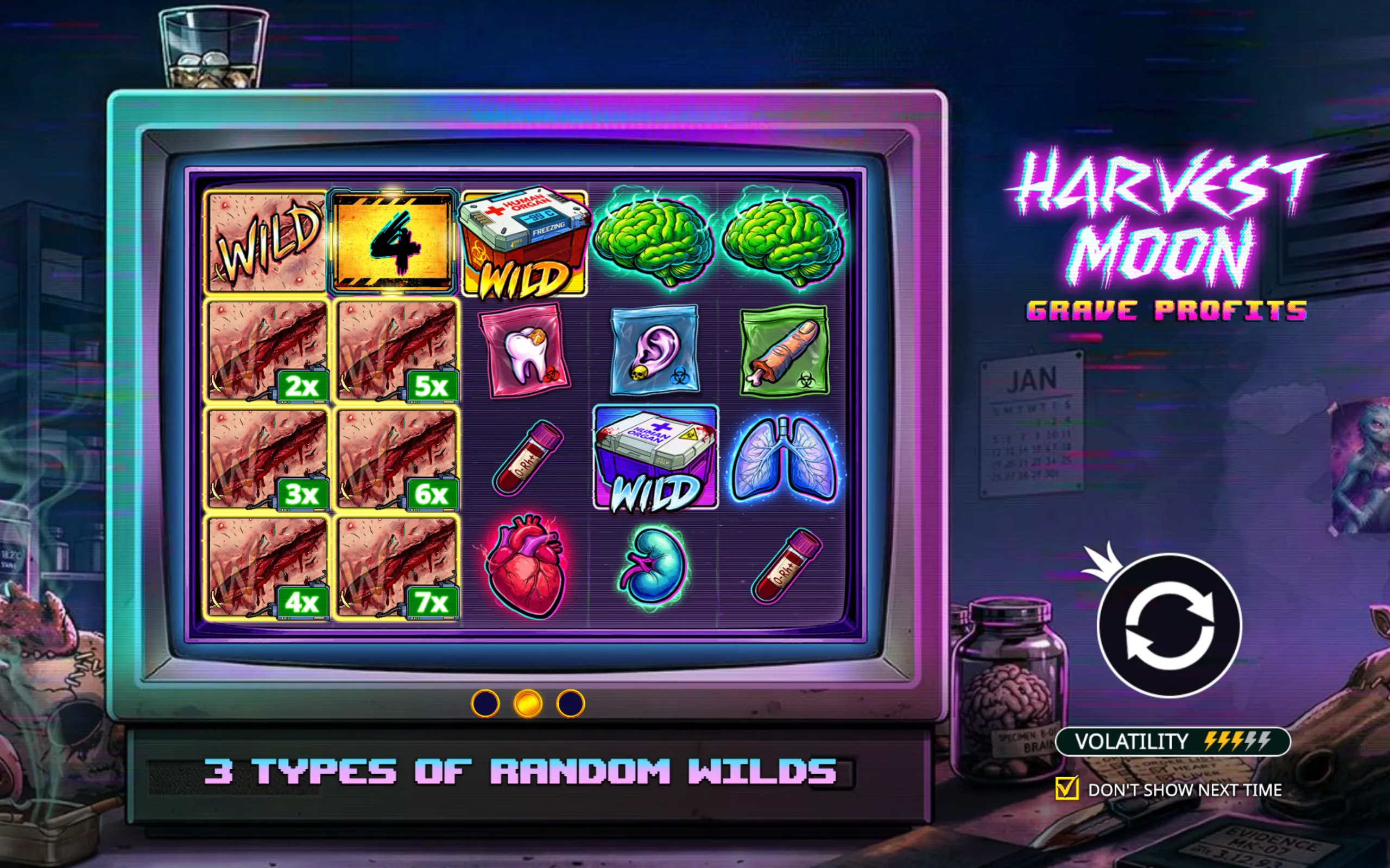 A neon-lit slot machine screen displays various wild symbols and anatomical icons like brains, hearts, and lungs, set in a spooky laboratory environment.