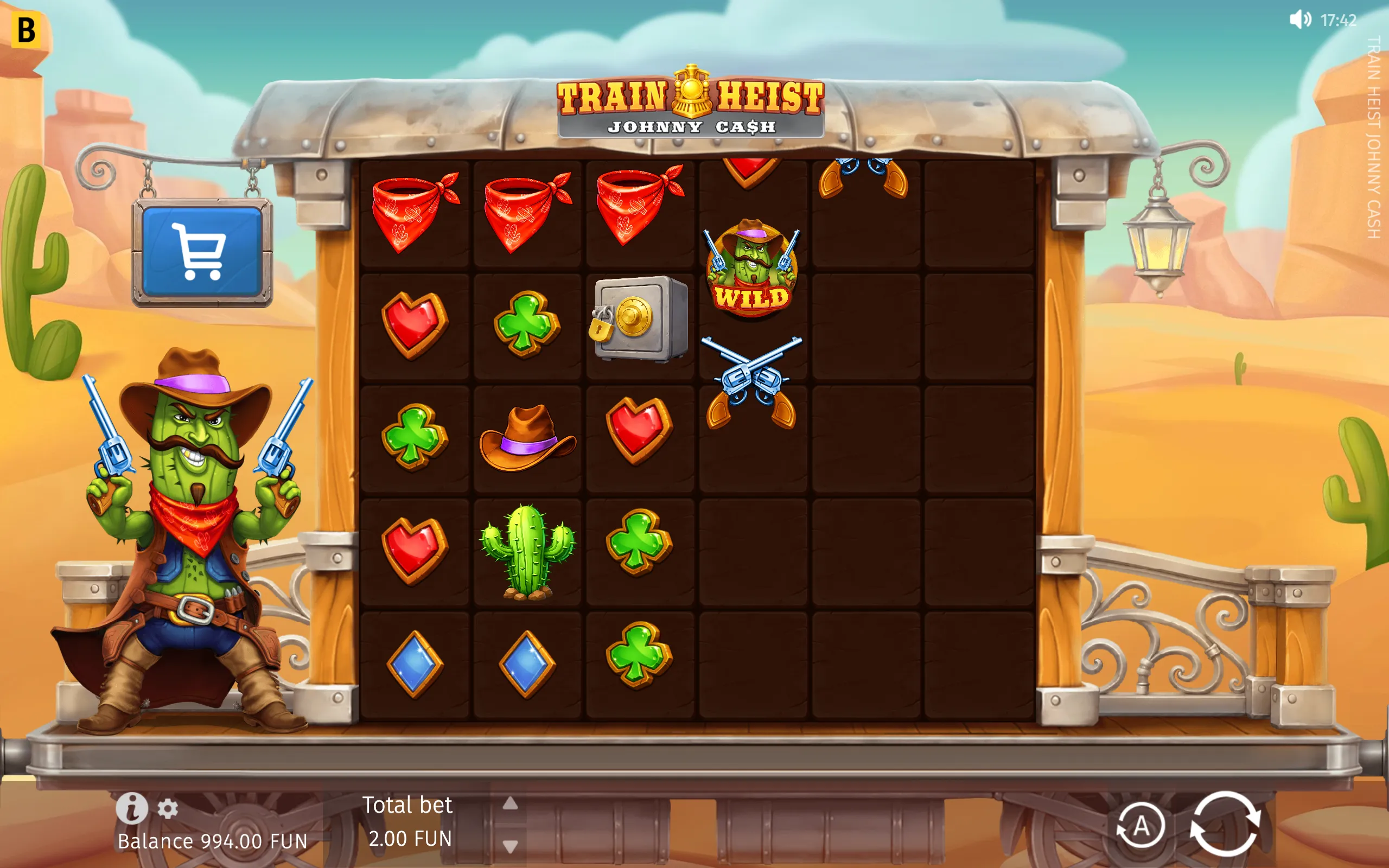 Train Heist Johnny Cash slot interface with a cactus gunslinger, desert train setting, dark reel grid, bandanas, pistols, hearts, clubs, diamonds, a safe and cactus symbols.
