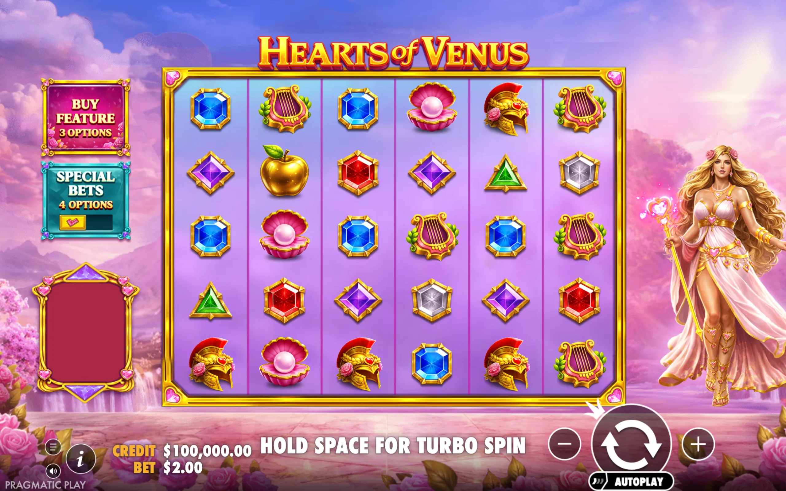 Hearts of Venus slot game with a pastel purple backdrop, featuring symbols like golden apples, pearls in shells, lyres, and ornate helmets, alongside a goddess figure holding a heart-shaped staff.